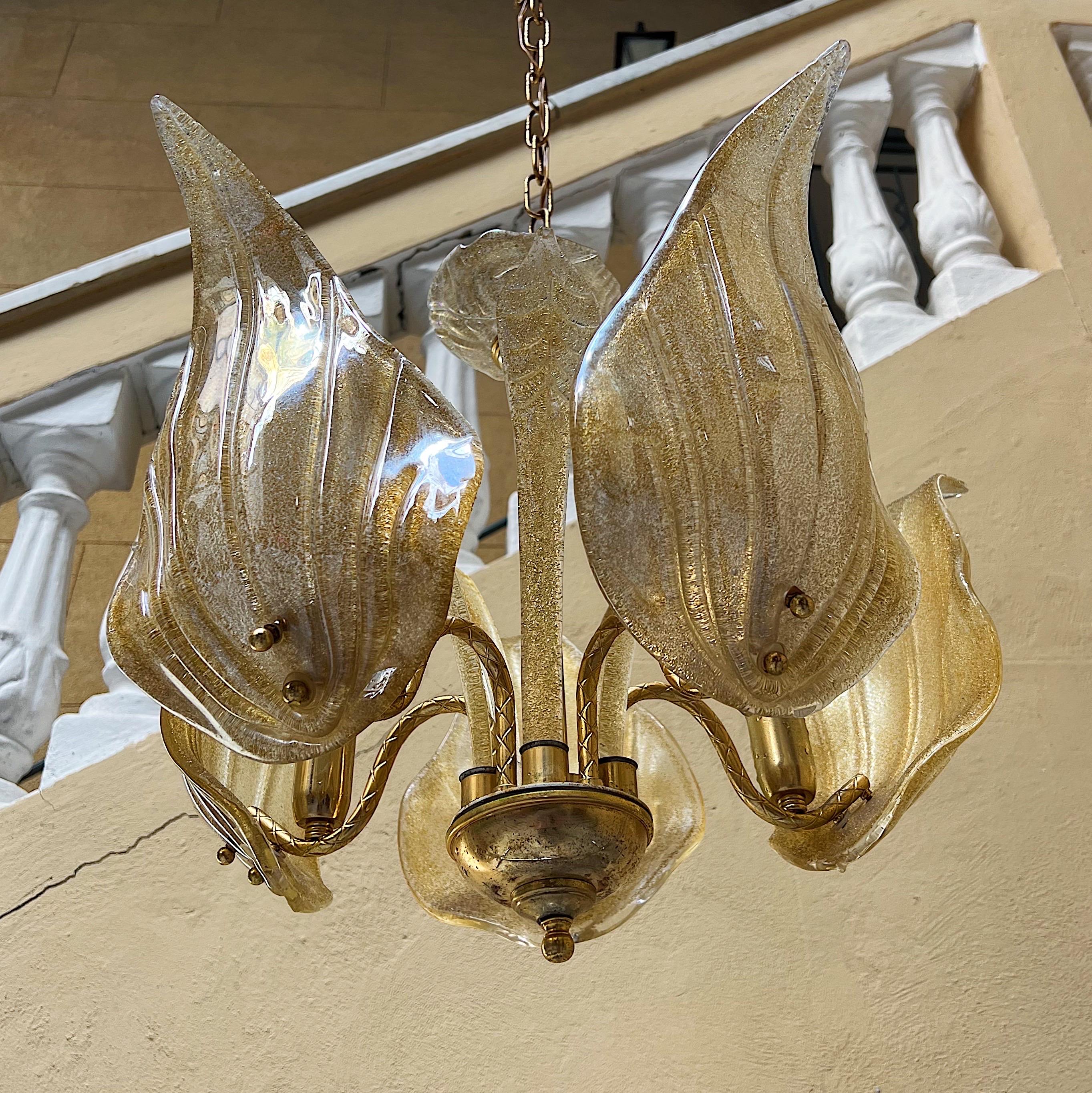 Murano Glass Midcentury Gold Leaf Chandelier, 1980s For Sale 2