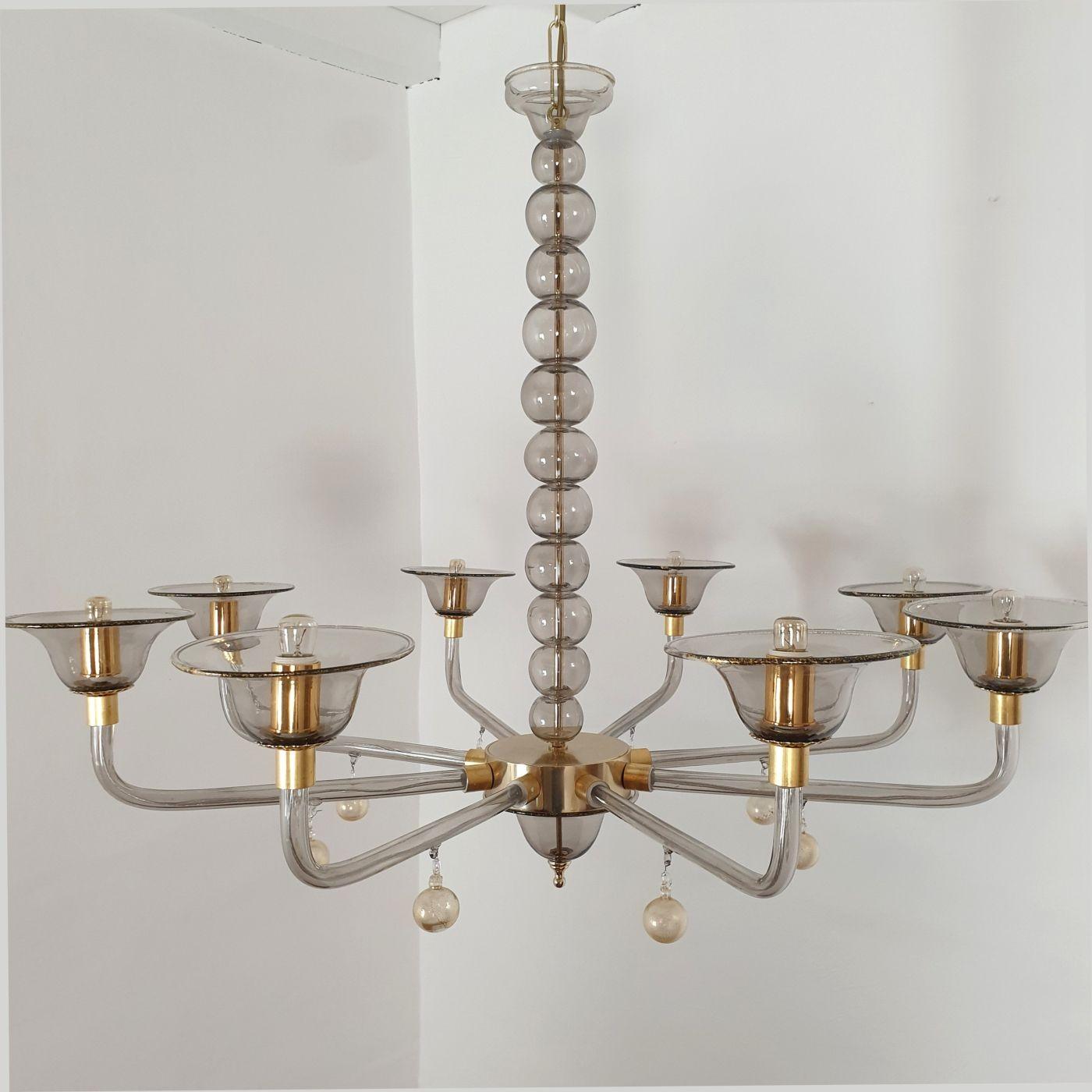 Gold Plate Murano Glass Mid-Century Large Chandelier, Venini Style