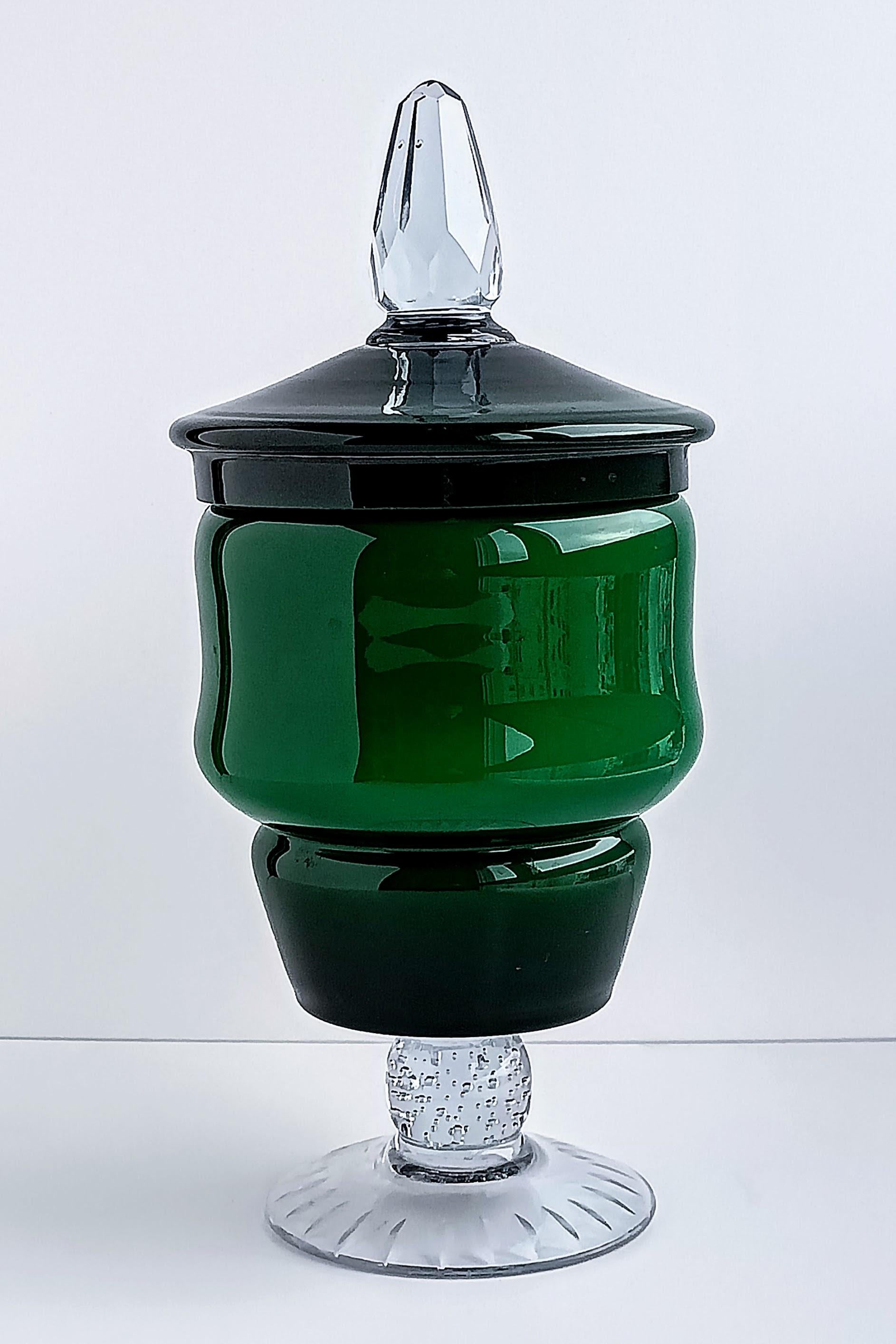 Murano Glas Mid Century Modern Smaragdgrüner Bombon Jar, Italien, ca. 1950er Jahre (Handgefertigt)