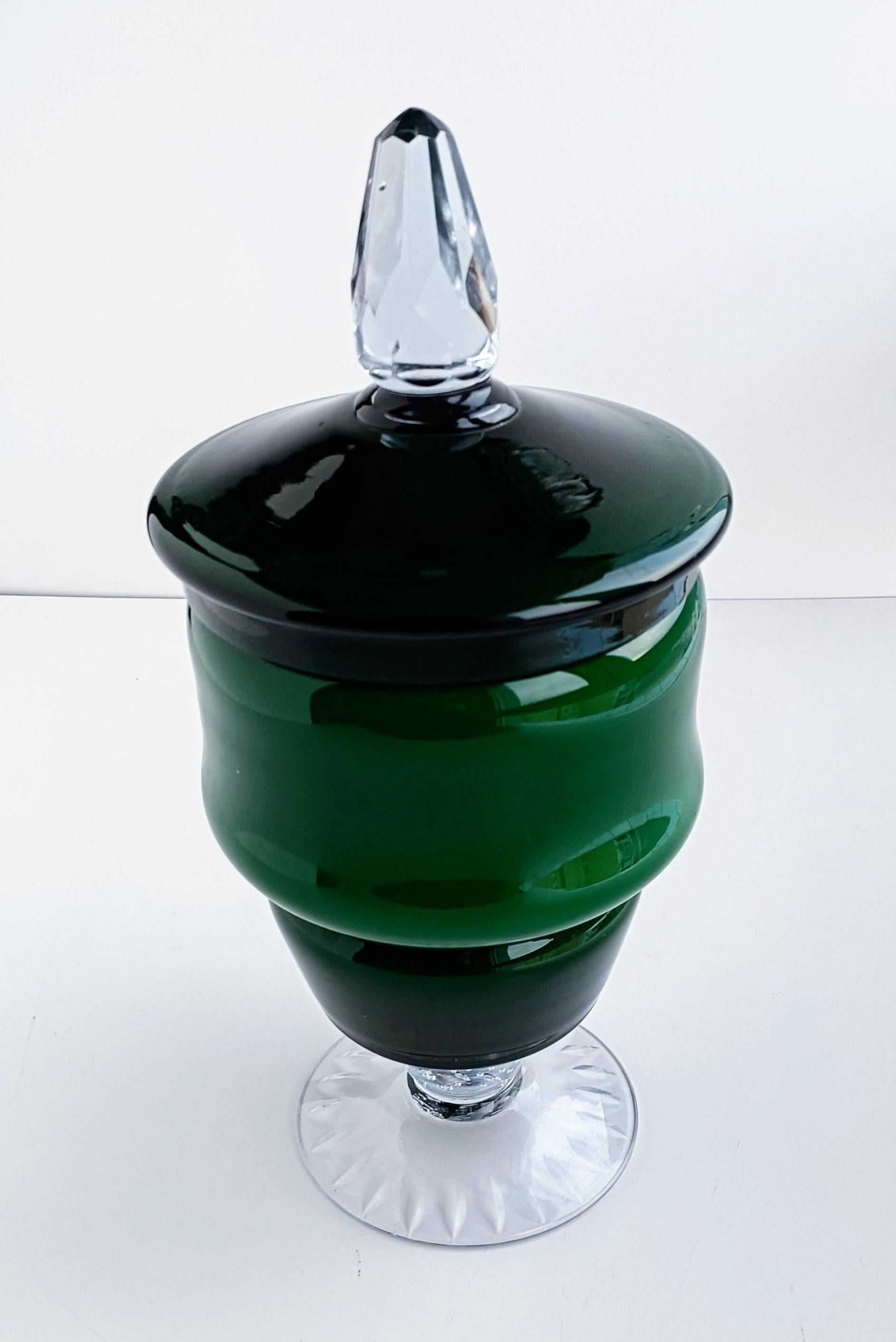 Murano Glas Mid Century Modern Smaragdgrüner Bombon Jar, Italien, ca. 1950er Jahre (Mitte des 20. Jahrhunderts)
