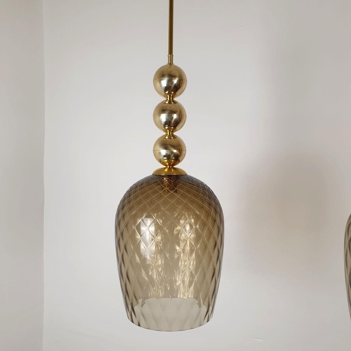 Brass Murano glass Mid Century pendants - a pair For Sale