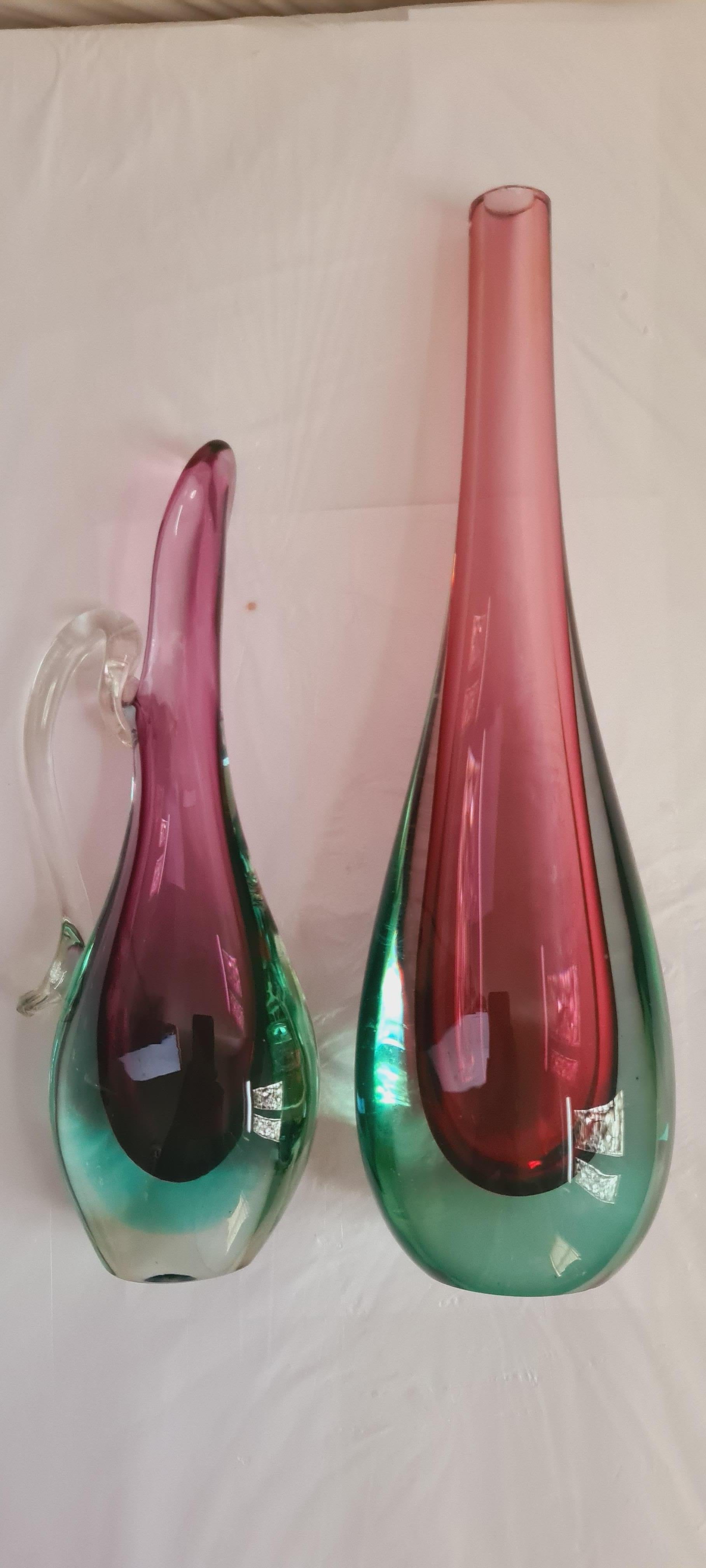Art Nouveau Mid-Century Murano Glass Sommerso Vase and Carafe, Flavio Poli For Sale