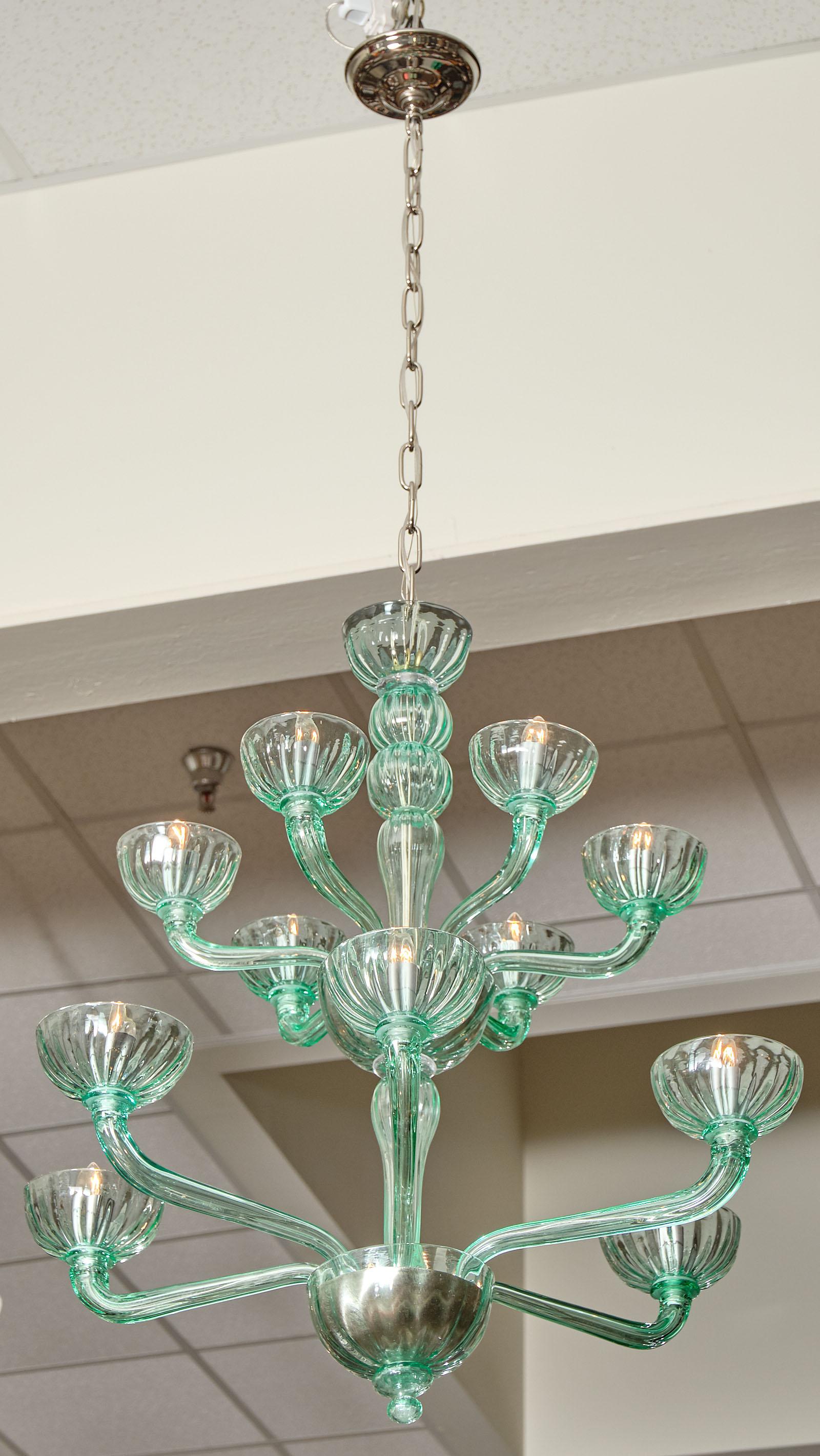 Murano glass mint colored two-tiered chandelier from Italy. We love the pastel color of this lovely piece and the Classic design. It has been newly wired to fit US standards.