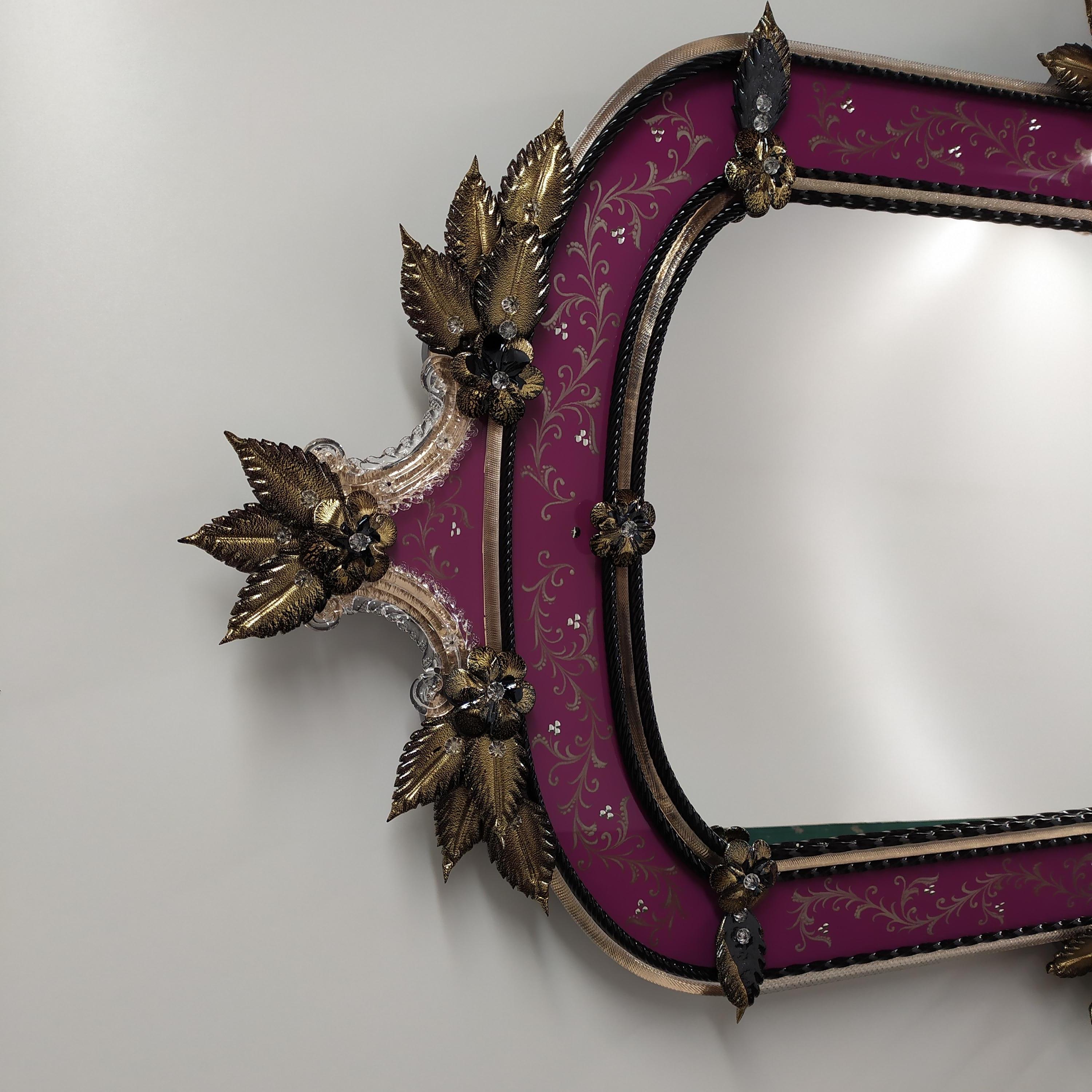 Other Murano Glass Mirror in Venetian Style, in Black/Gold Leaves and Purple Frame For Sale