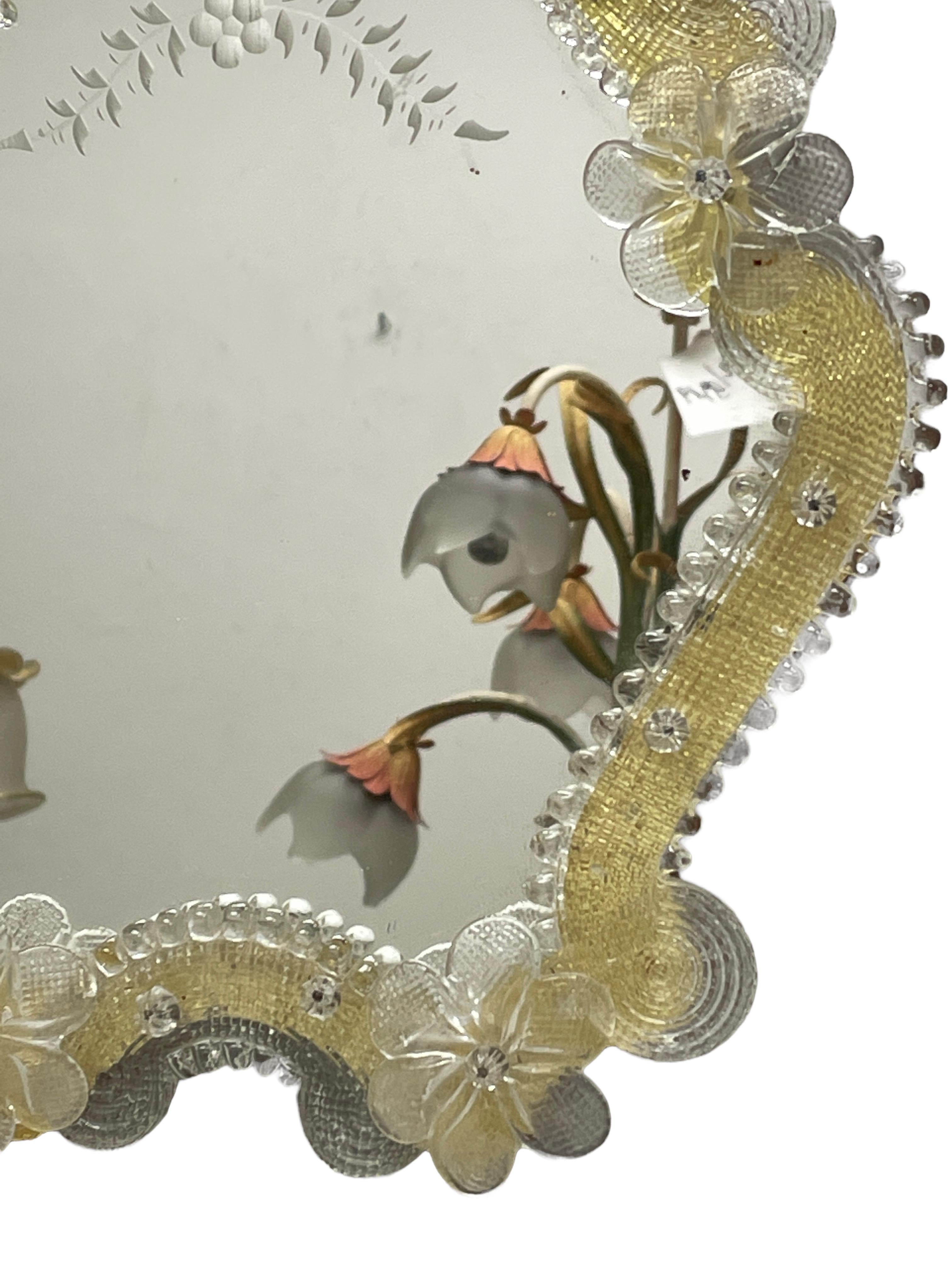 Hollywood Regency Murano Glass Mirror with Flowers 1950s, Italy Venetian Venice For Sale