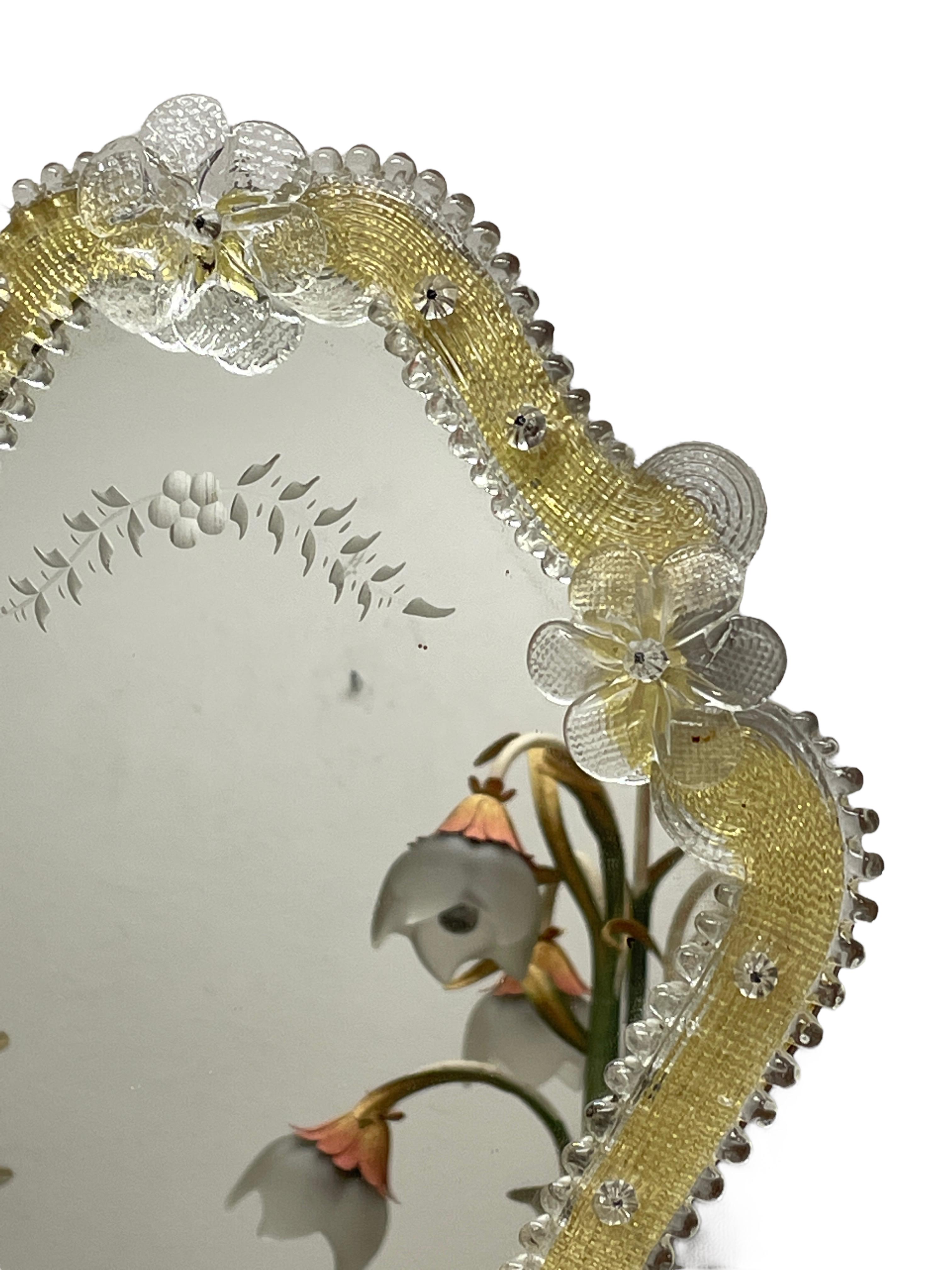 Italian Murano Glass Mirror with Flowers 1950s, Italy Venetian Venice For Sale