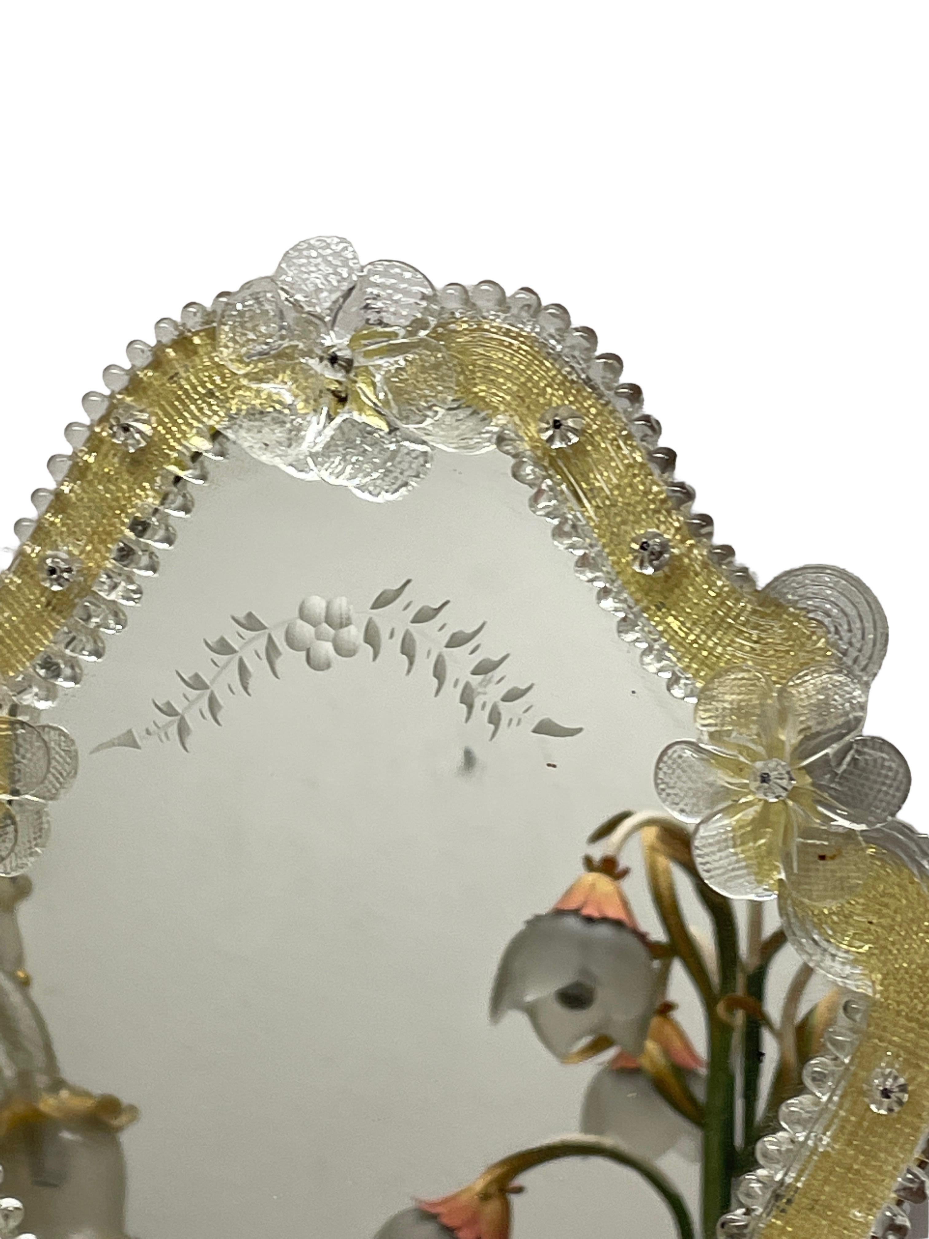 Hand-Crafted Murano Glass Mirror with Flowers 1950s, Italy Venetian Venice For Sale
