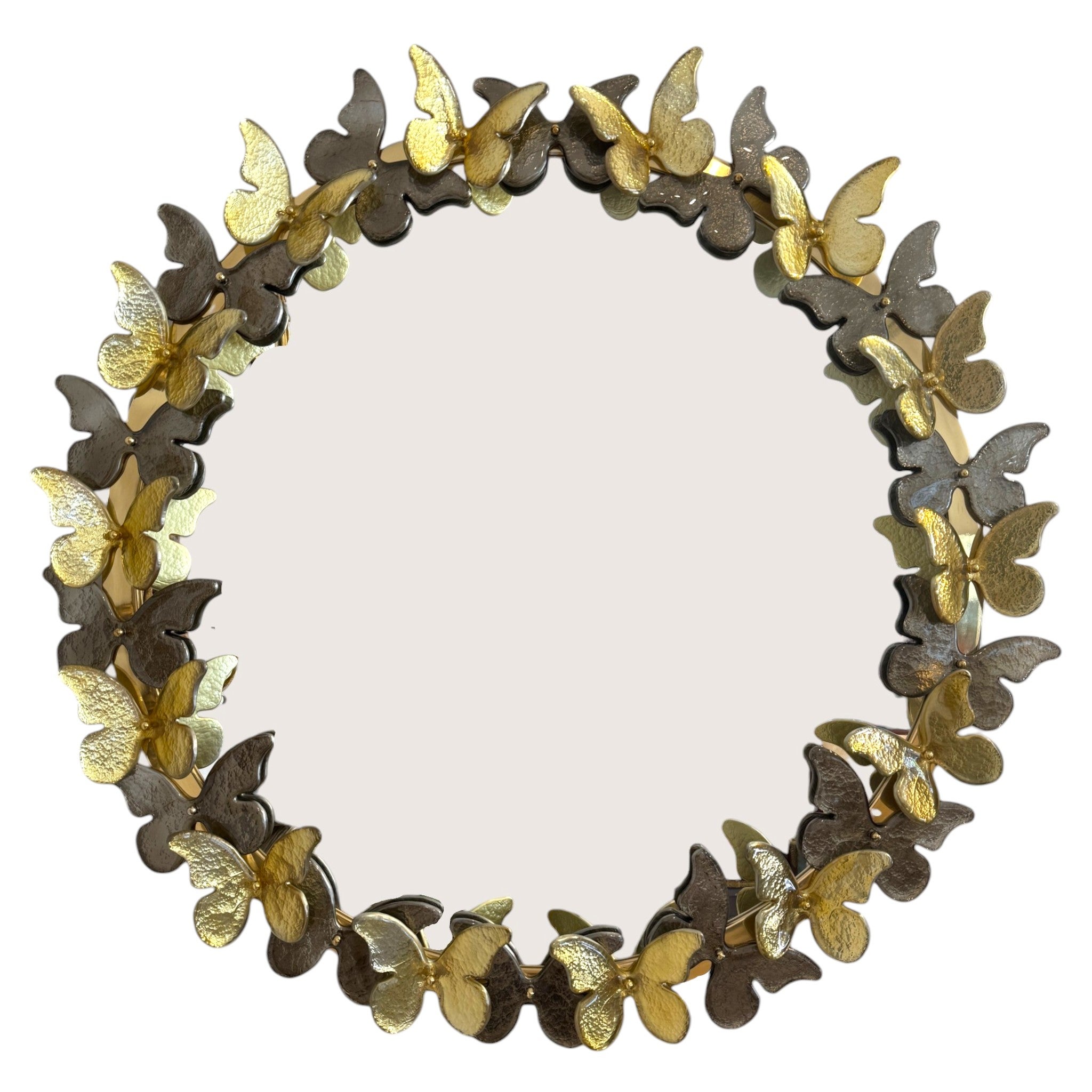 Miroir en verre de Murano avec papillons en feuilles d'or, forme circulaire, 21e siècle