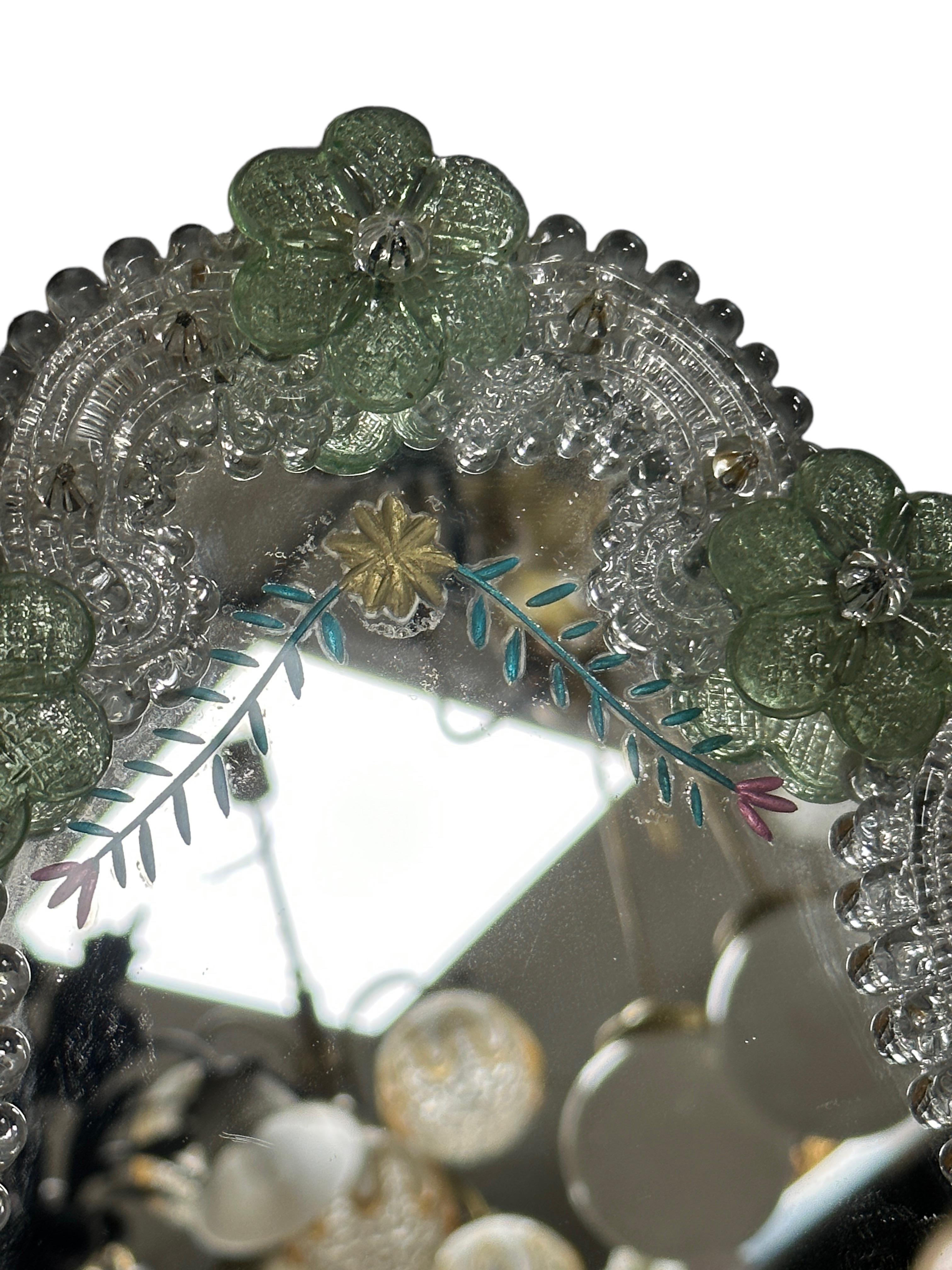 Murano Glass Mirror with Lime Green Flowers 1950s, Italy Venetian Venice For Sale 4