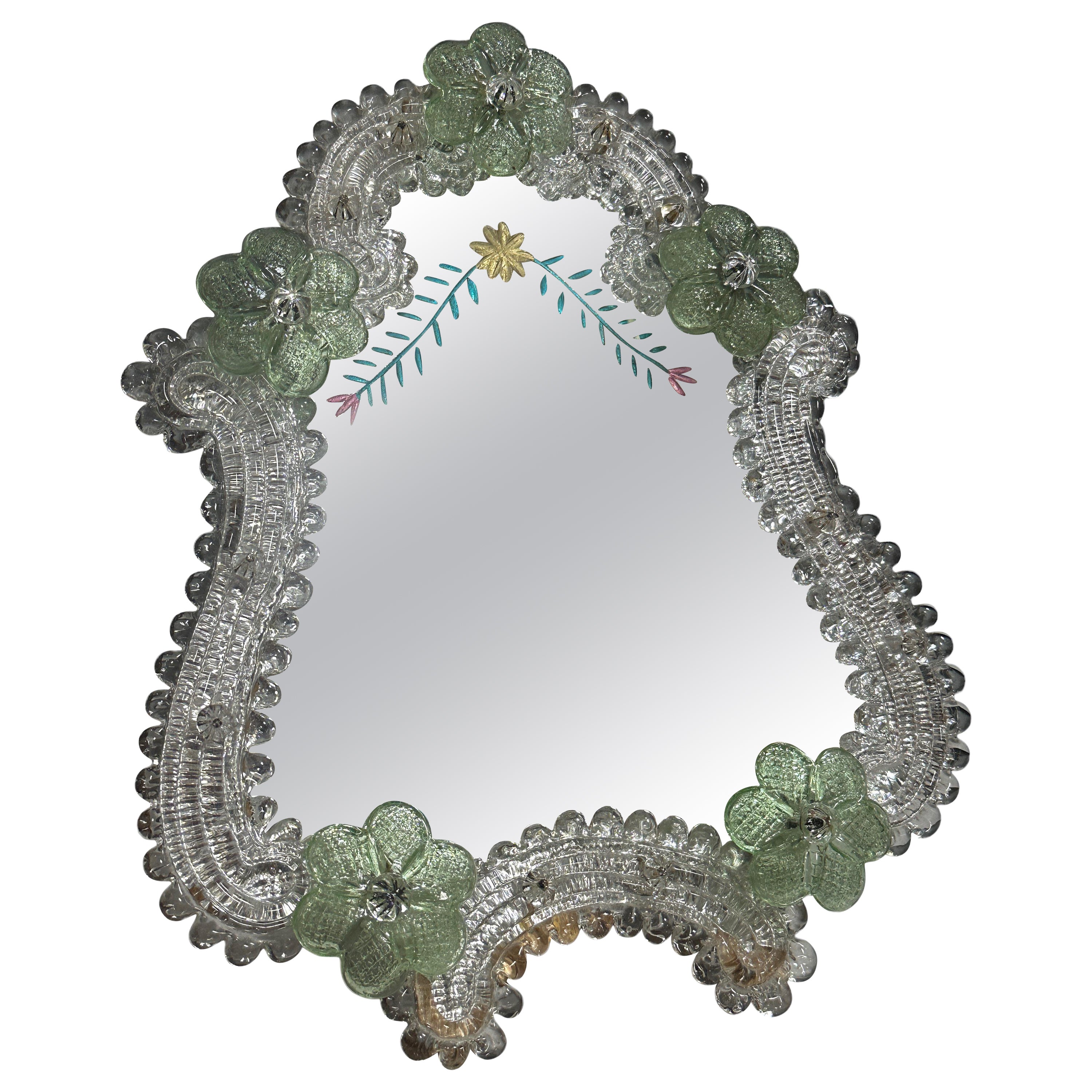 Miroir en verre de Murano avec fleurs vertes 1950, Italie Venise vénitienne en vente