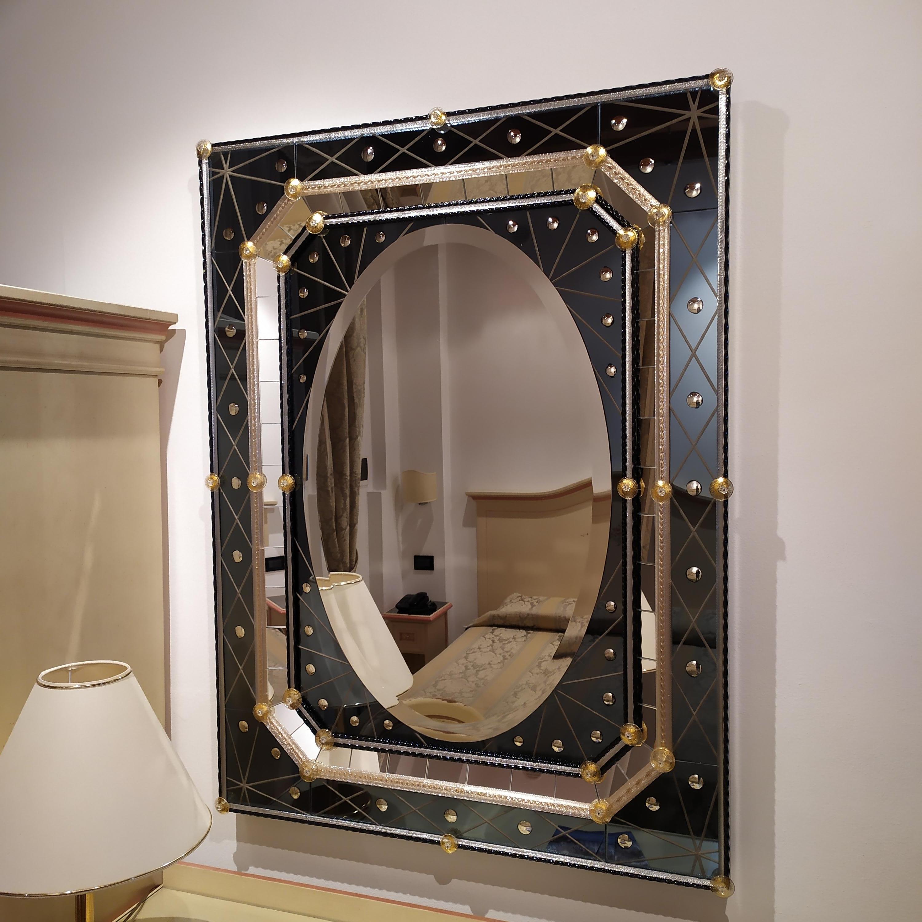 Muranoglas-Spiegel mit polierter Blasengravur auf Stahl-Color-Spiegel (Italienisch) im Angebot