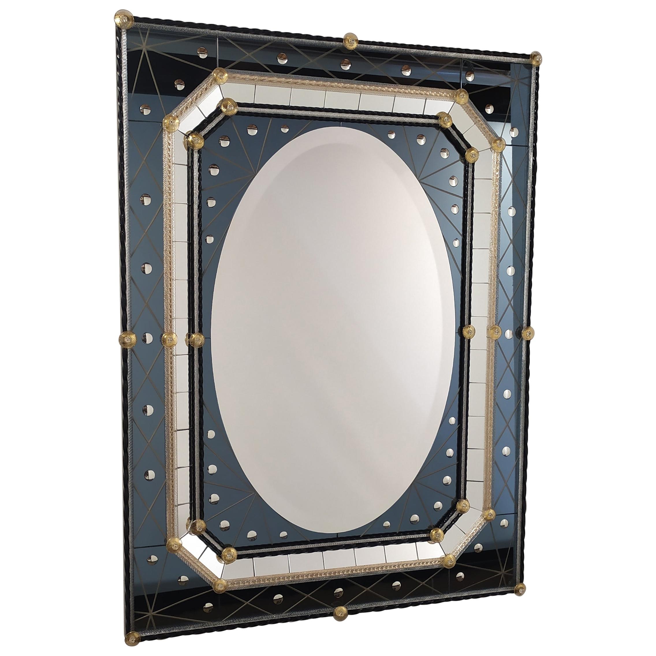 Murano Glass Mirror with Polished Bubbles Engraving on Steel-Colored Mirror For Sale