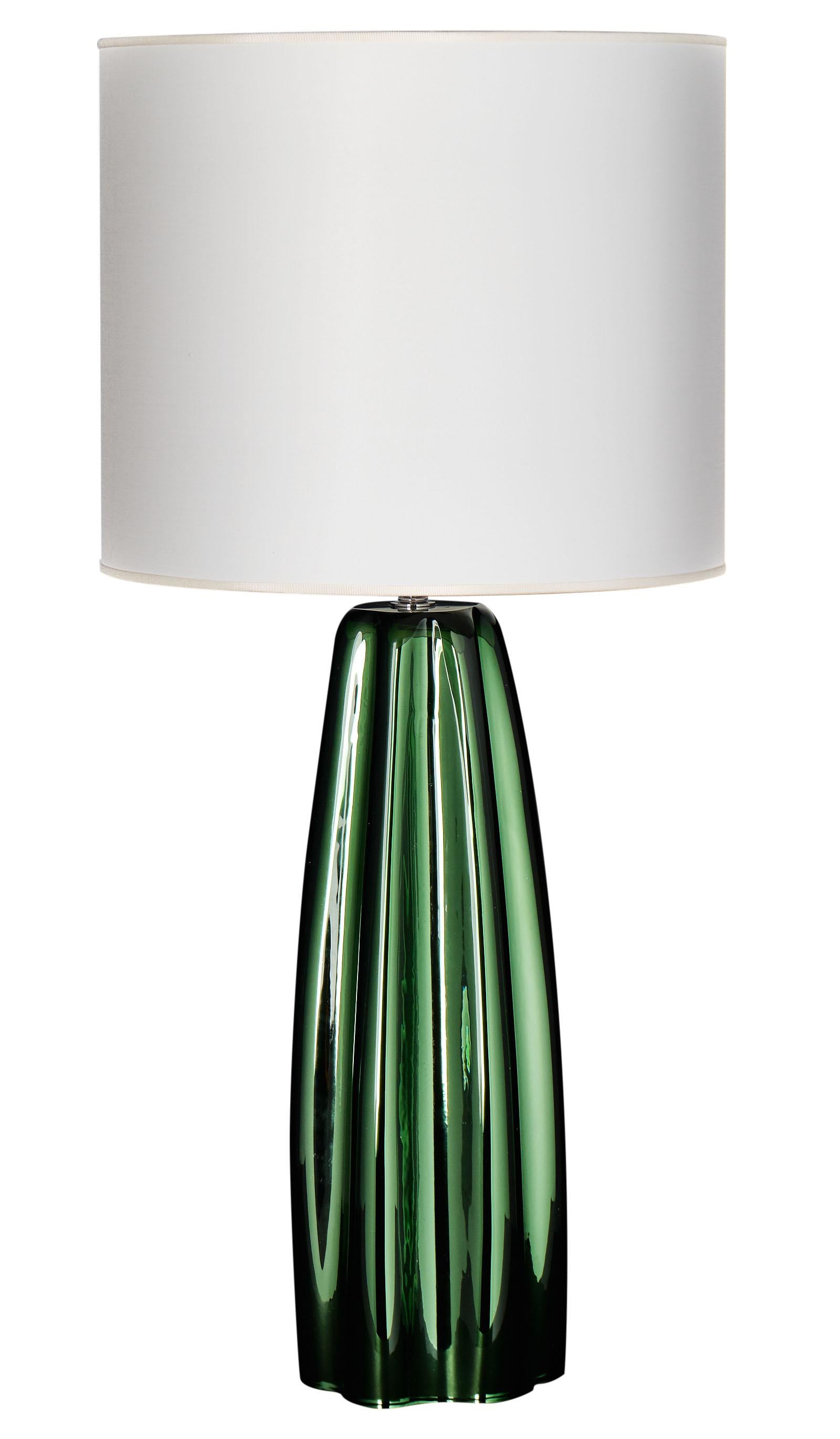 Mirrored green Murano glass lamps signed by glass maestro Alberto Dona. This beautiful pair is a lovely fern green in color, and we love the metallic affect. They have been newly wired to fit US standards. The height listed is with the shade, the