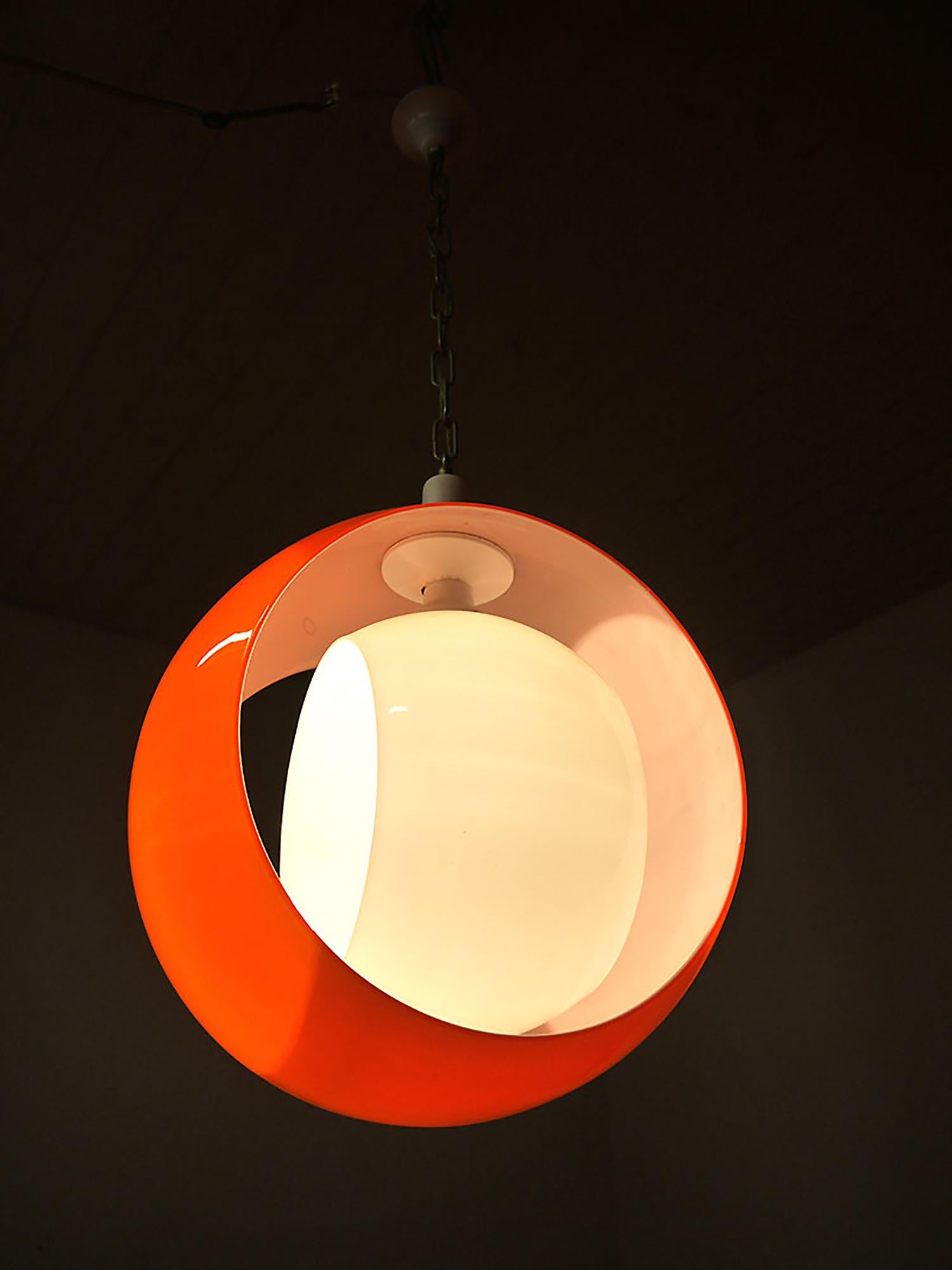 Mid-Century Modern Murano Glass Moon Pendant Lamp Orange White by Carlo Nason for Mazzega 1960s For Sale