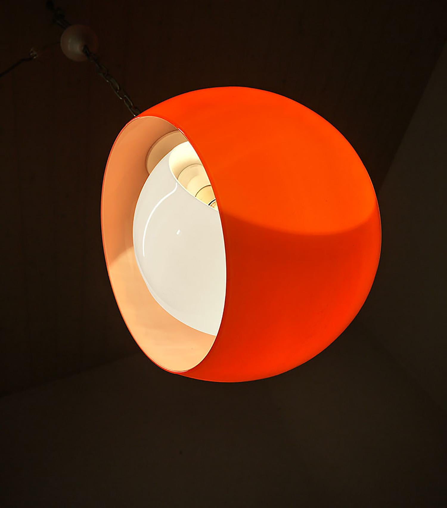 Hand-Crafted Murano Glass Moon Pendant Lamp Orange White by Carlo Nason for Mazzega 1960s For Sale