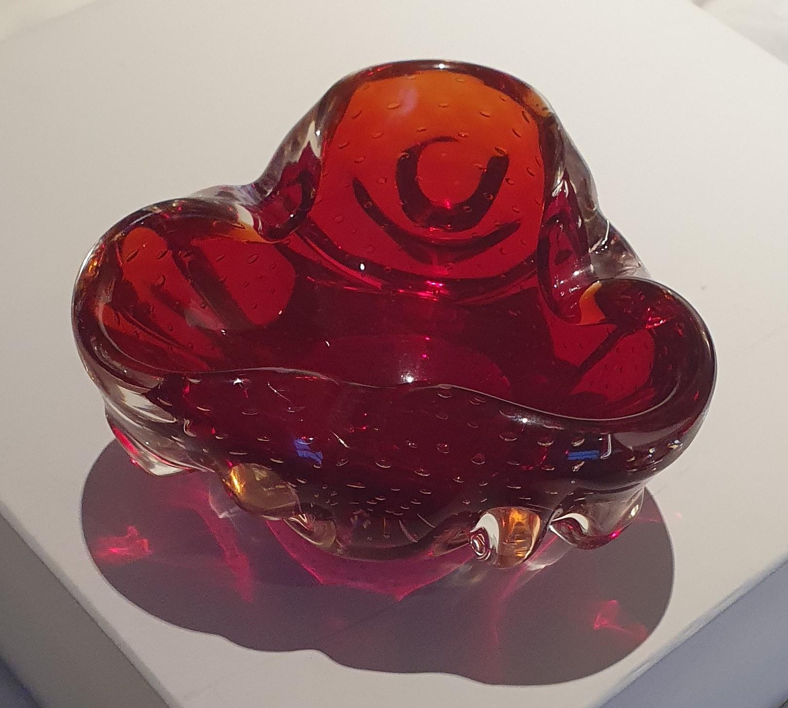 Italian Murano Glass mouthblown dish with undulating curled edges and tiny bubbles For Sale