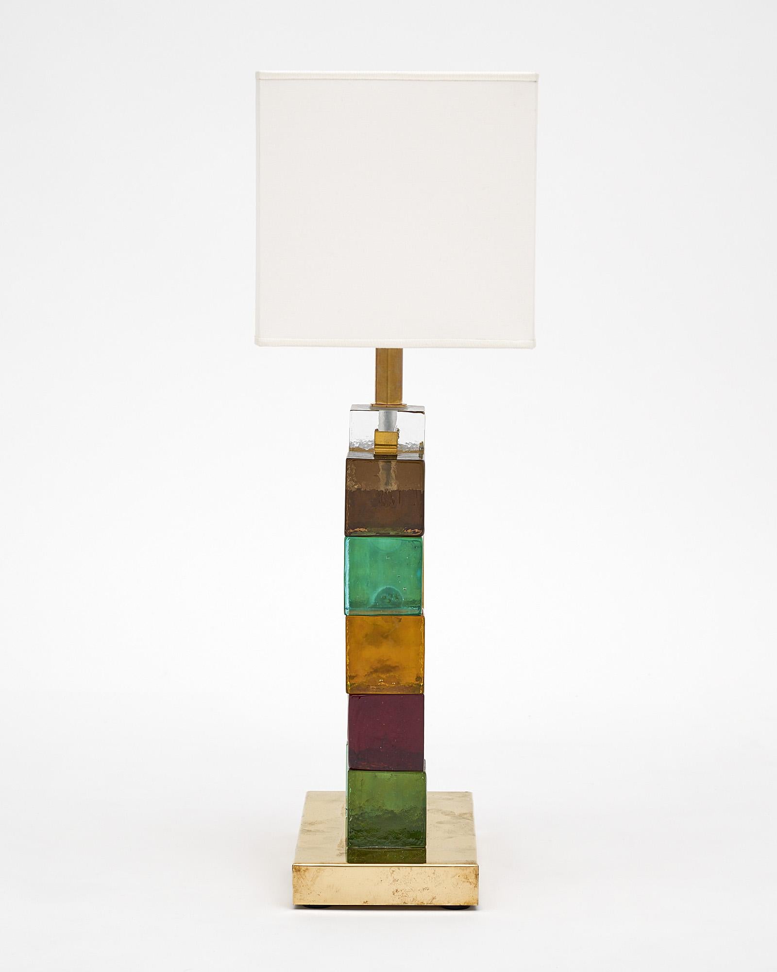 Brass Murano Glass Multi Colored Cube Lamps