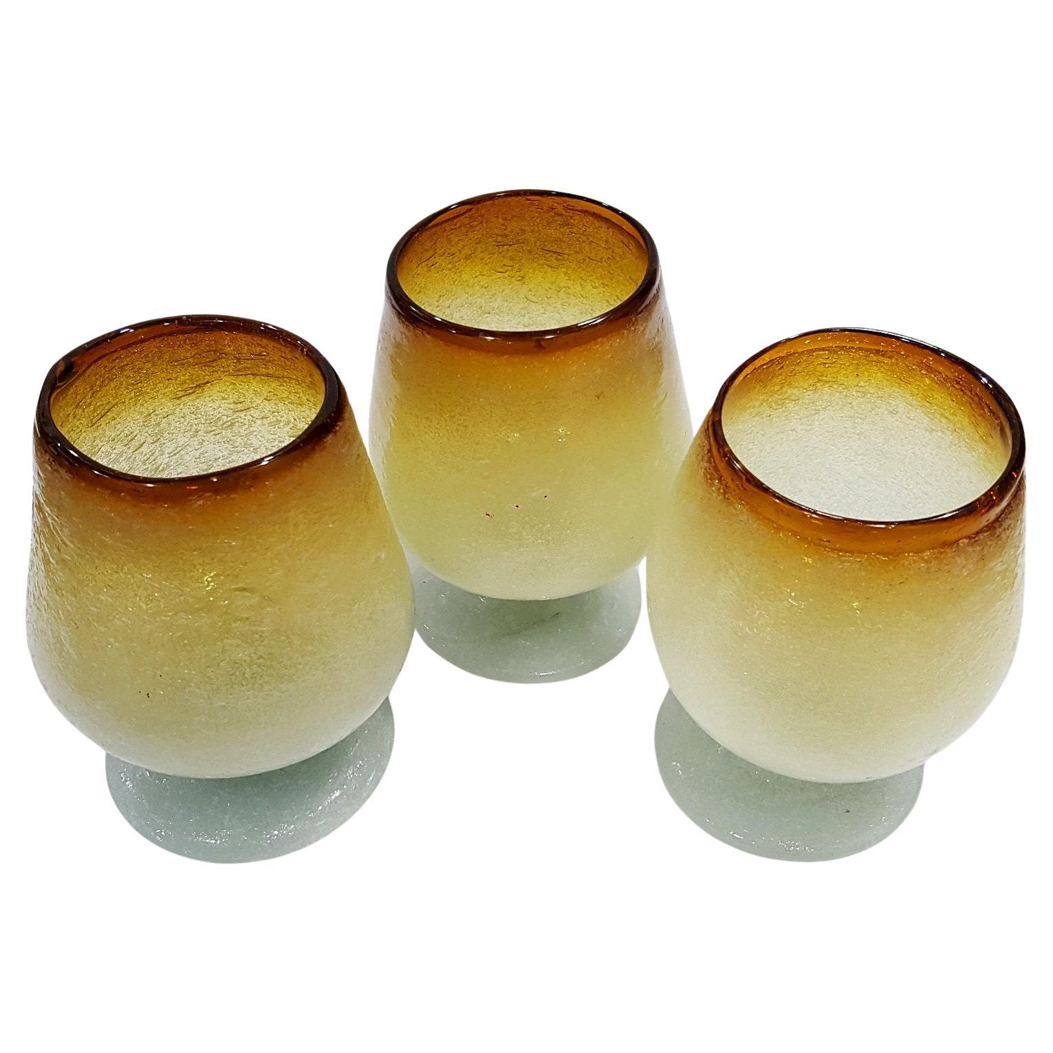 Vtg Murano Glass Napoleone Martinuzzi Pulegoso "Seafoam Amber" Goblets Set of 3 en vente