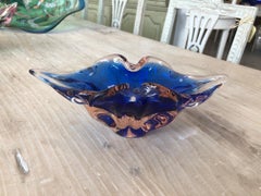 Murano Glass Oblong Bowl Cobalt Blue & Salmon Pink by Salvati, 1960s