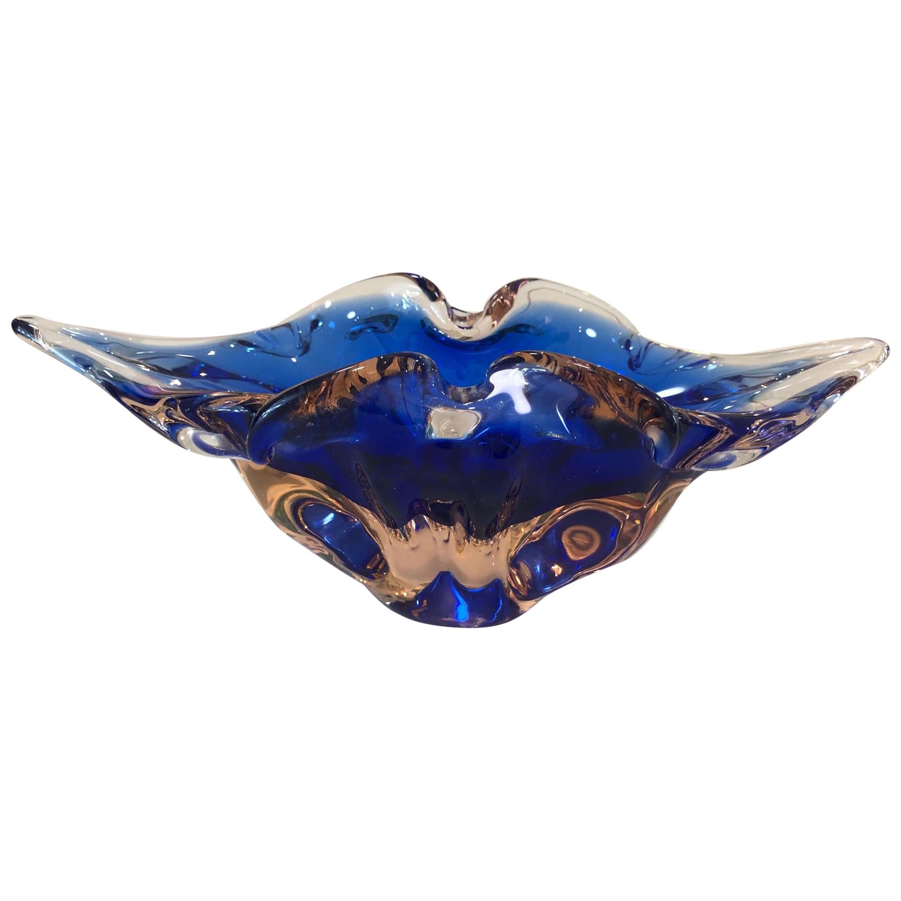 Murano Glass Oblong Bowl Cobalt Blue & Salmon Pink by Salvati, 1960s For Sale