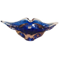 Vintage Murano Glass Oblong Bowl Cobalt Blue & Salmon Pink by Salvati, 1960s