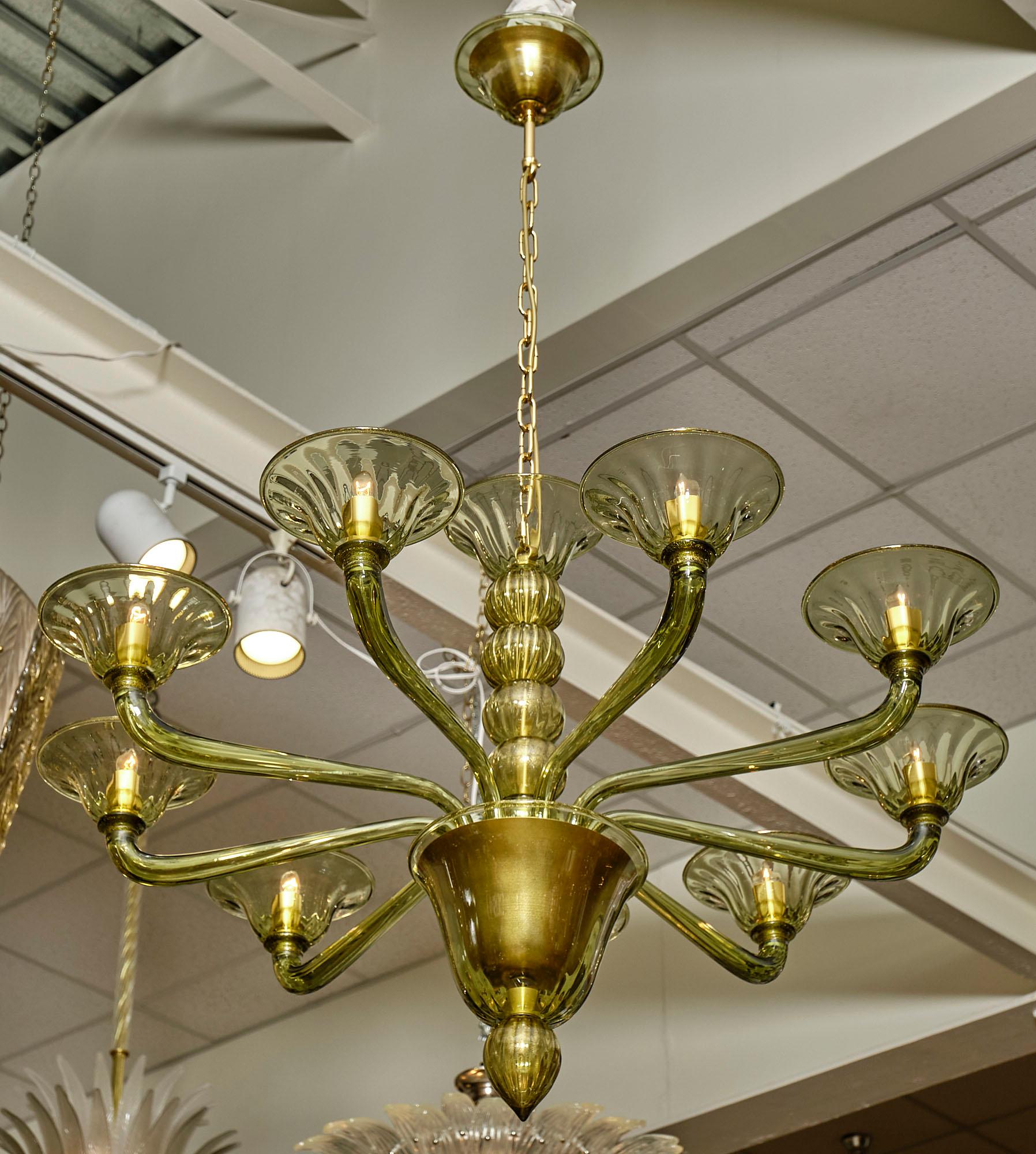 Chandelier from the Italian island of Murano. This piece has eight hand-blown branches. This chandelier has been newly wired to fit US standards.

Overall ceiling height is currently 51
