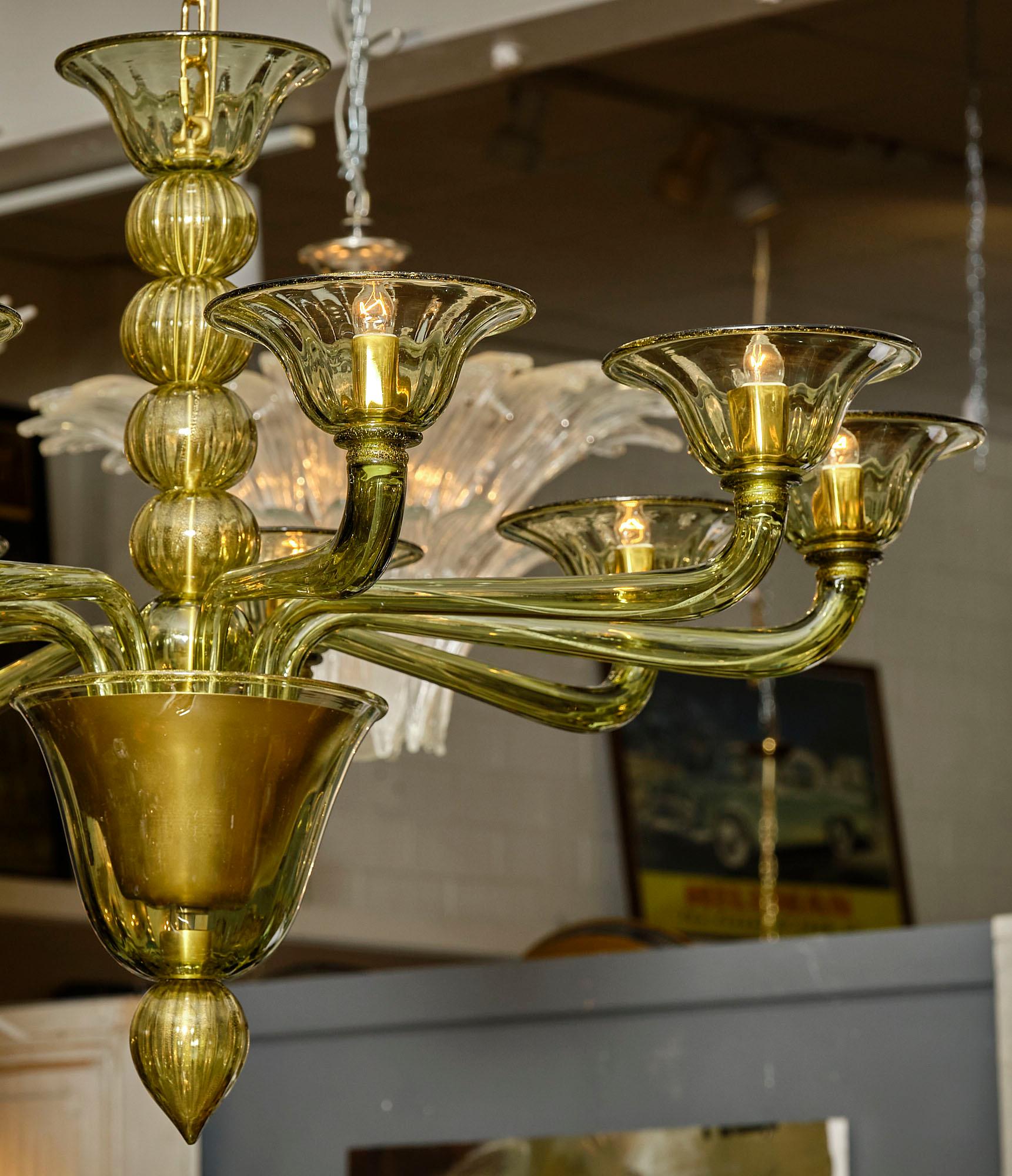 Mid-Century Modern Murano Glass Olive Green Chandelier