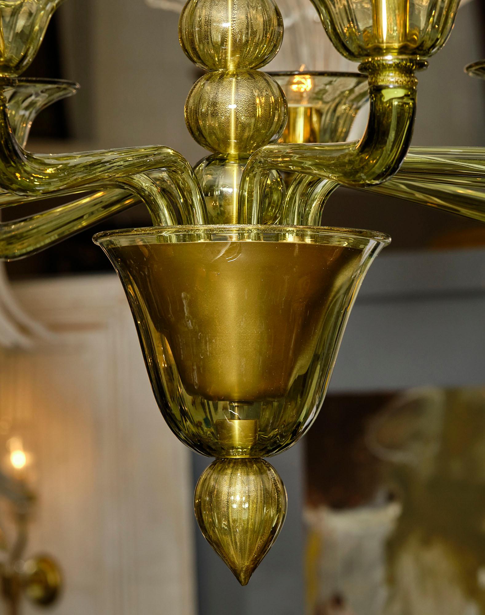 Murano Glass Olive Green Chandelier In Good Condition In Austin, TX