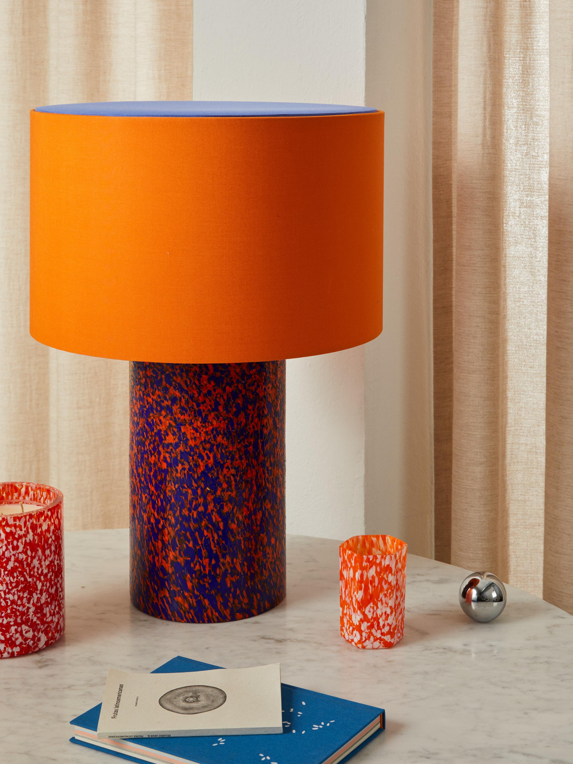 Contemporary Murano Glass Orange & Blue Pillar Lamp with Cotton Lampshade by Stories of Italy For Sale