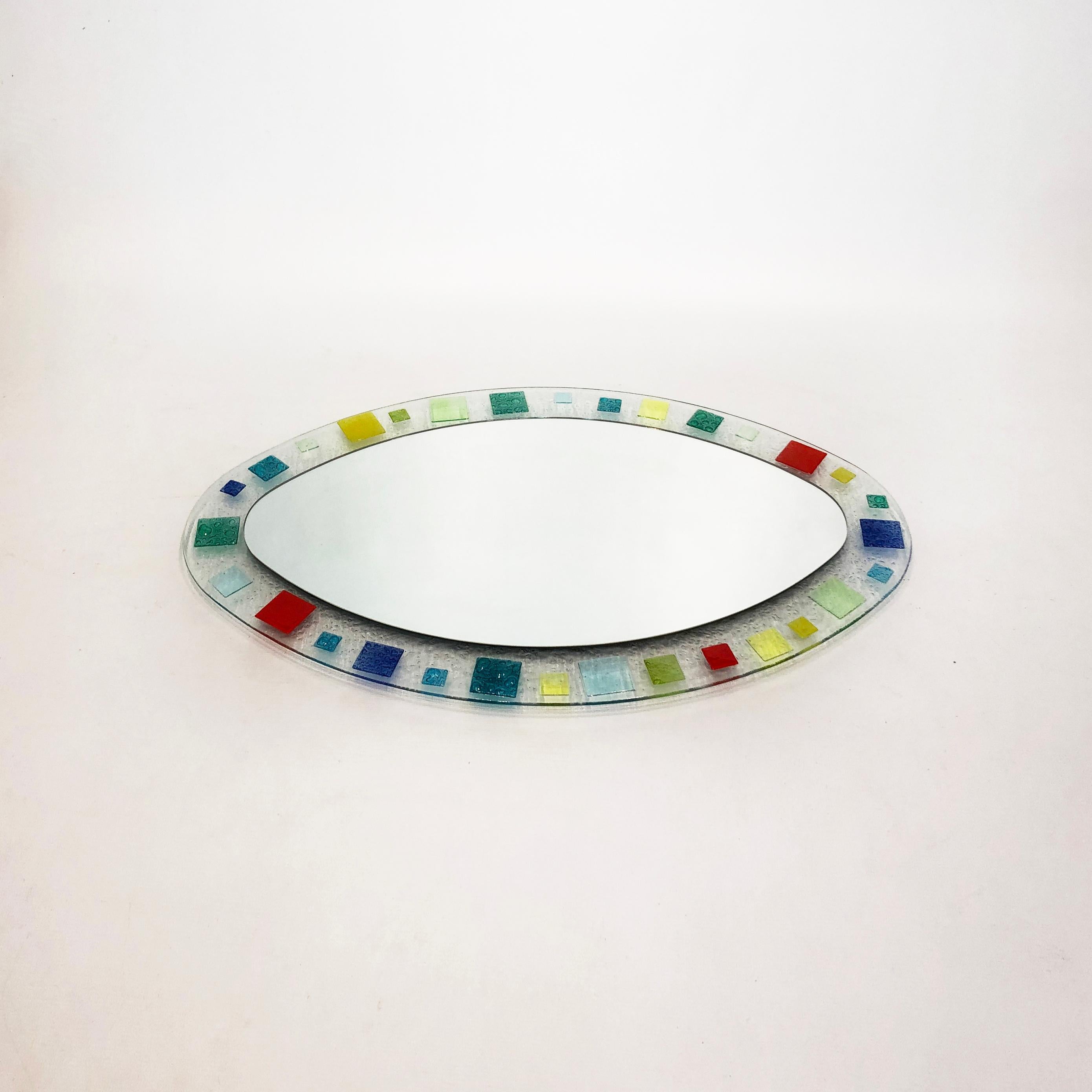 Mid-Century Modern Murano Glass Oval Wall Mirror 1970s Midcentury Vintage Red Blue Green For Sale