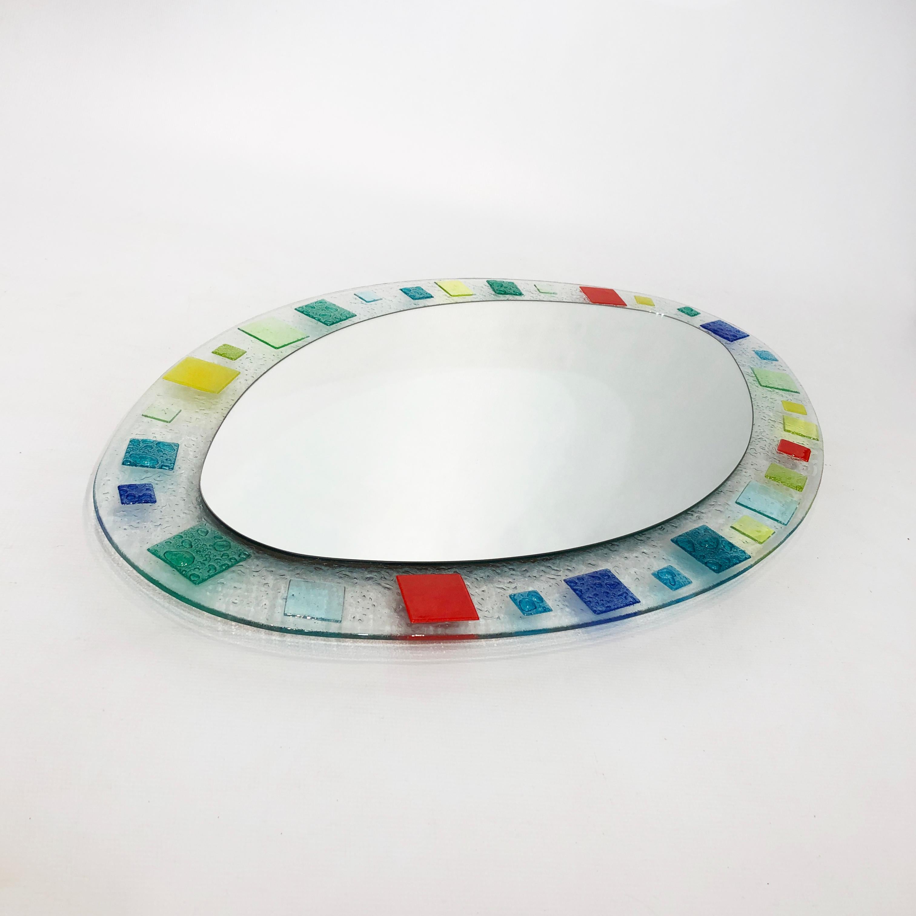 Italian Murano Glass Oval Wall Mirror 1970s Midcentury Vintage Red Blue Green For Sale