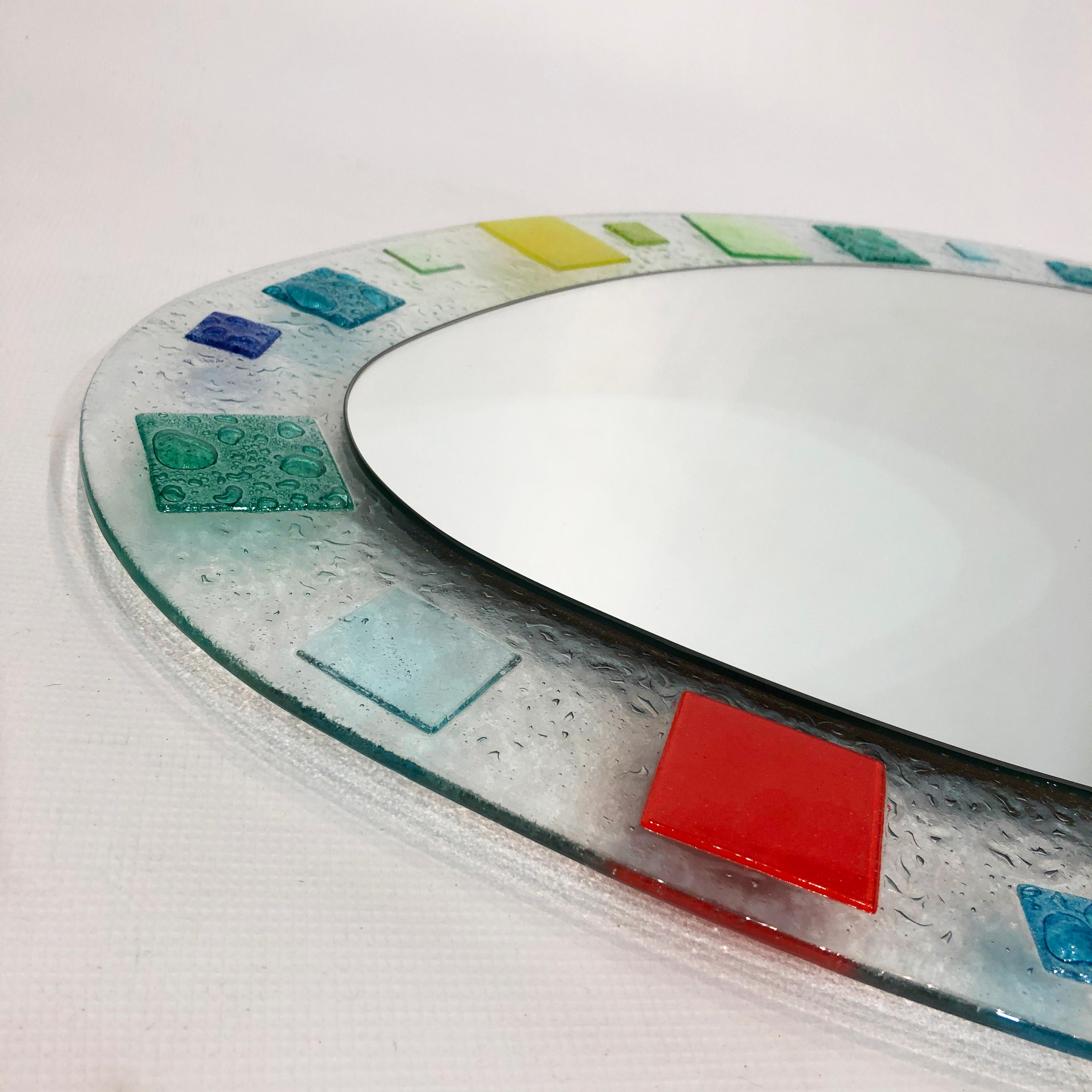 Murano Glass Oval Wall Mirror 1970s Midcentury Vintage Red Blue Green In Good Condition For Sale In London, GB
