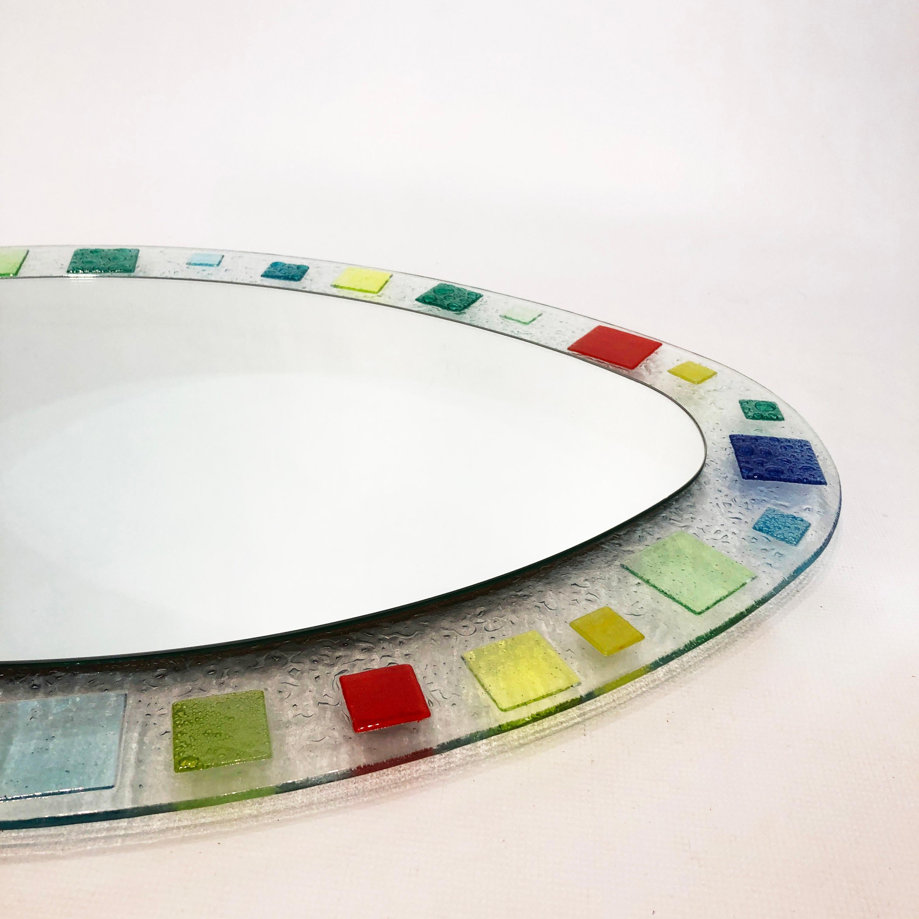 Late 20th Century Murano Glass Oval Wall Mirror 1970s Midcentury Vintage Red Blue Green For Sale