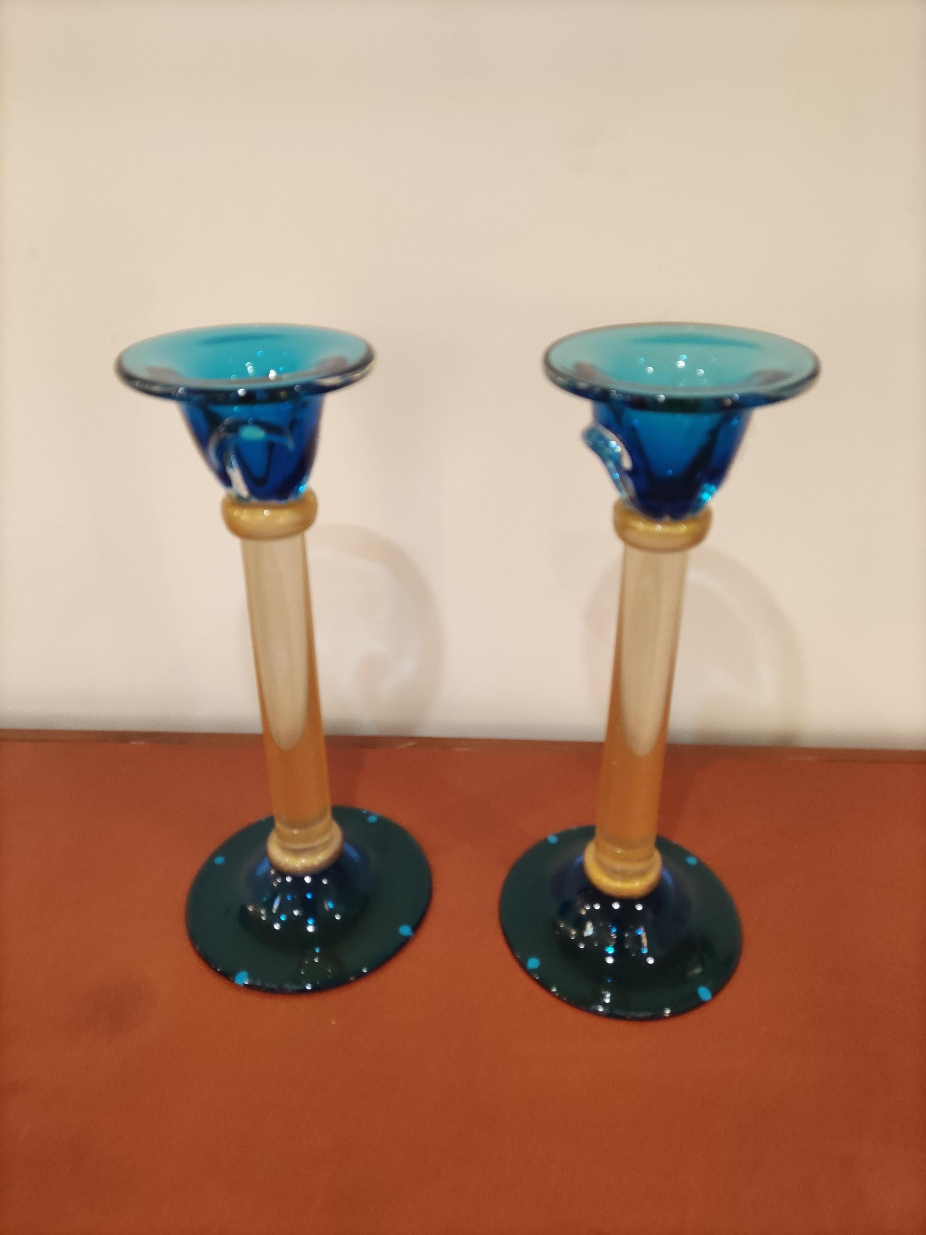 Murano glass pair of candlesticks by Alberto Donà, both signed.