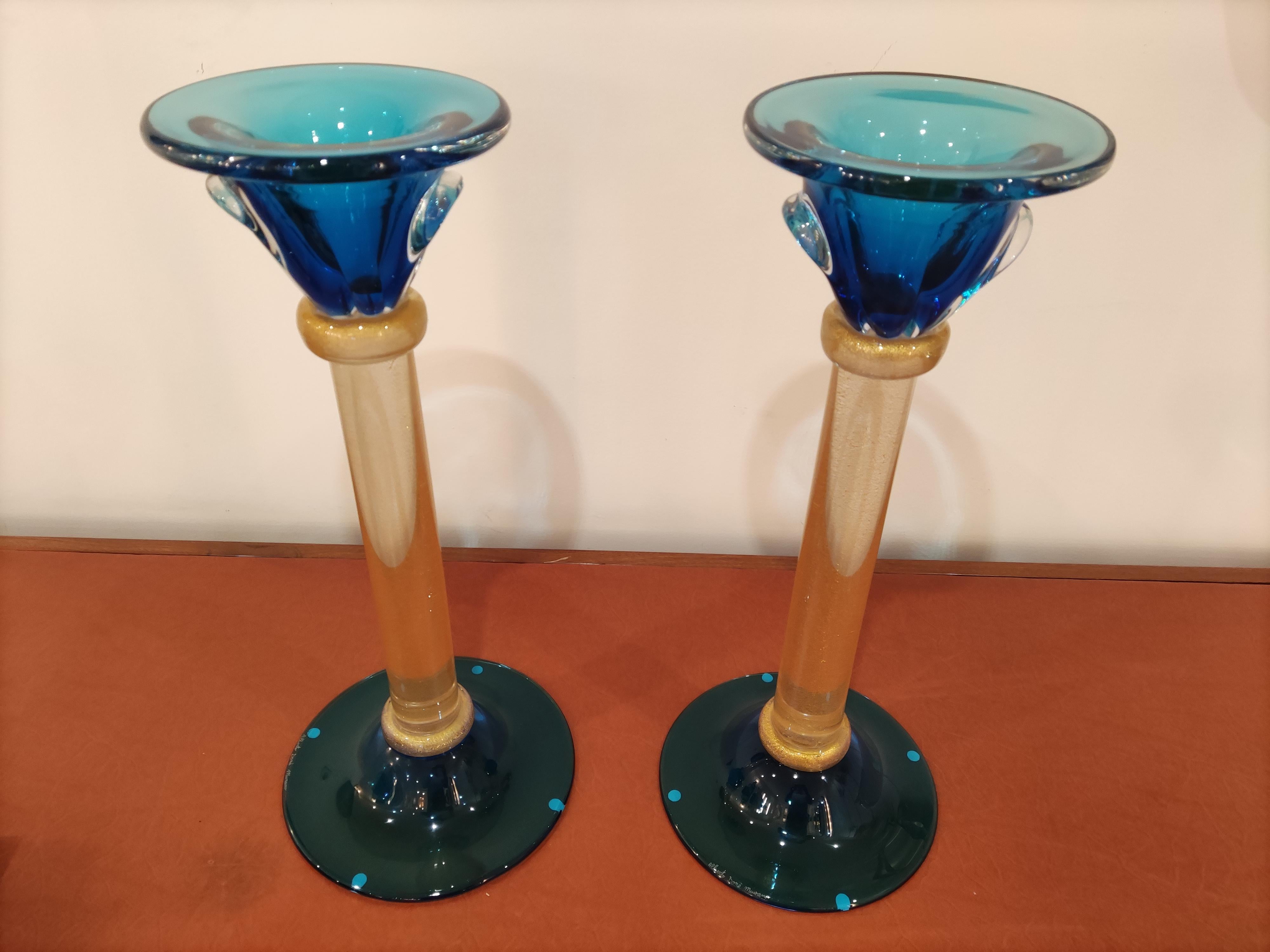 Murano Glass Pair of Candlesticks by Alberto Donà For Sale 1
