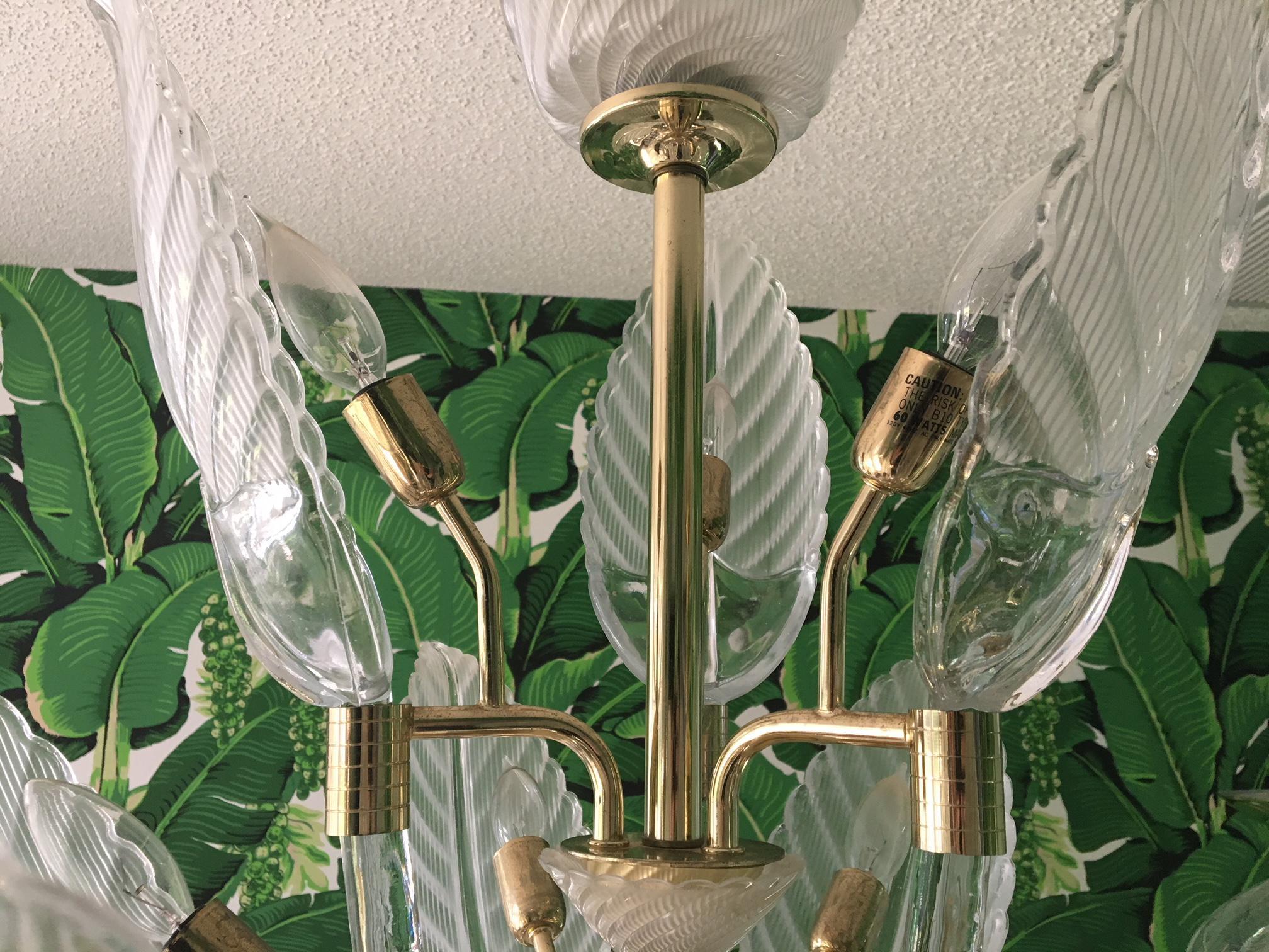 Murano Glass Palm Leaf Brass Chandelier 5