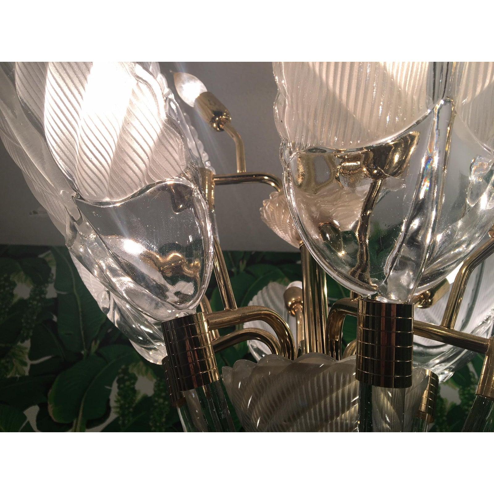 Hollywood Regency Murano Glass Palm Leaf Brass Chandelier