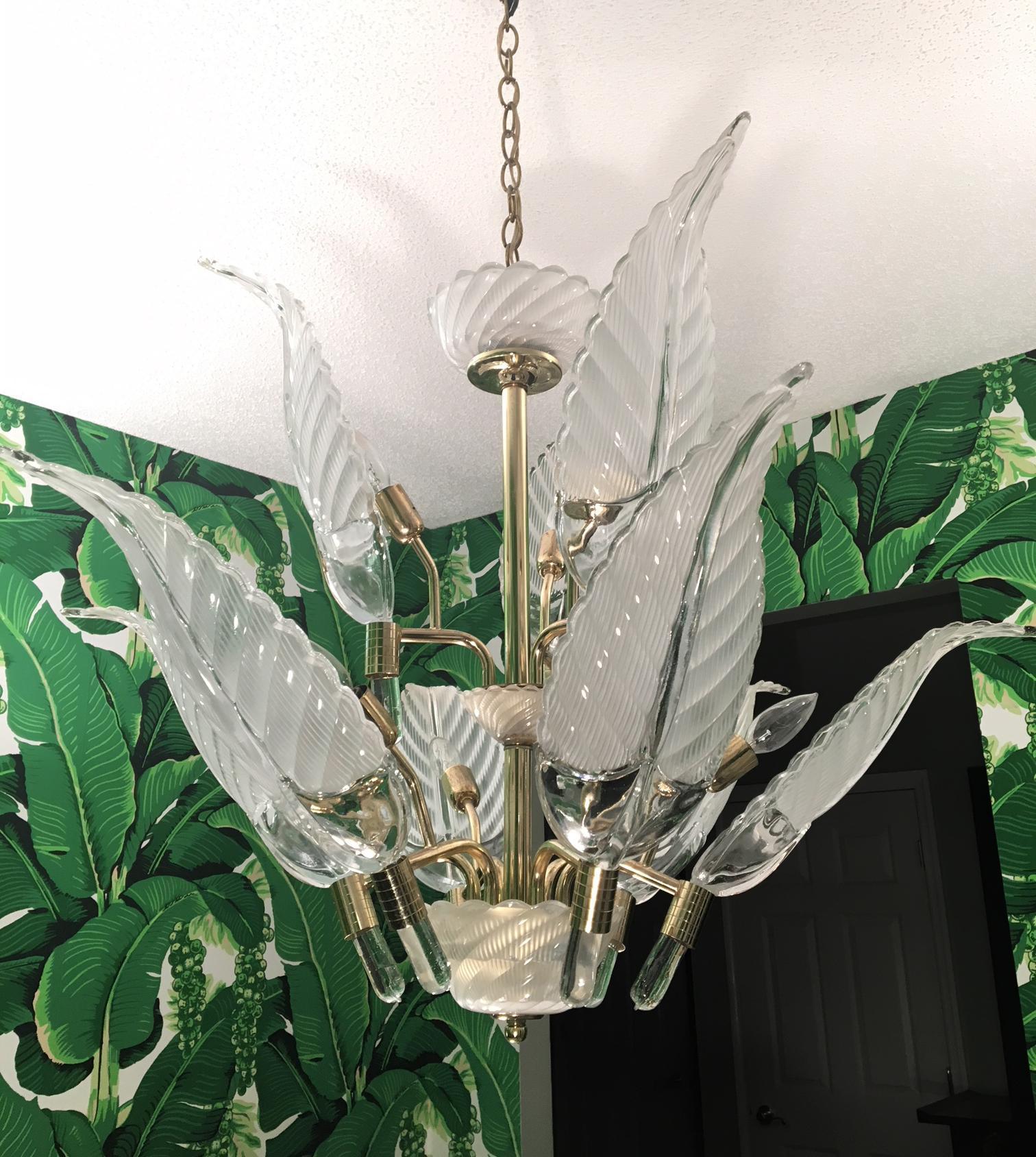 Hollywood Regency Murano Glass Palm Leaf Brass Chandelier