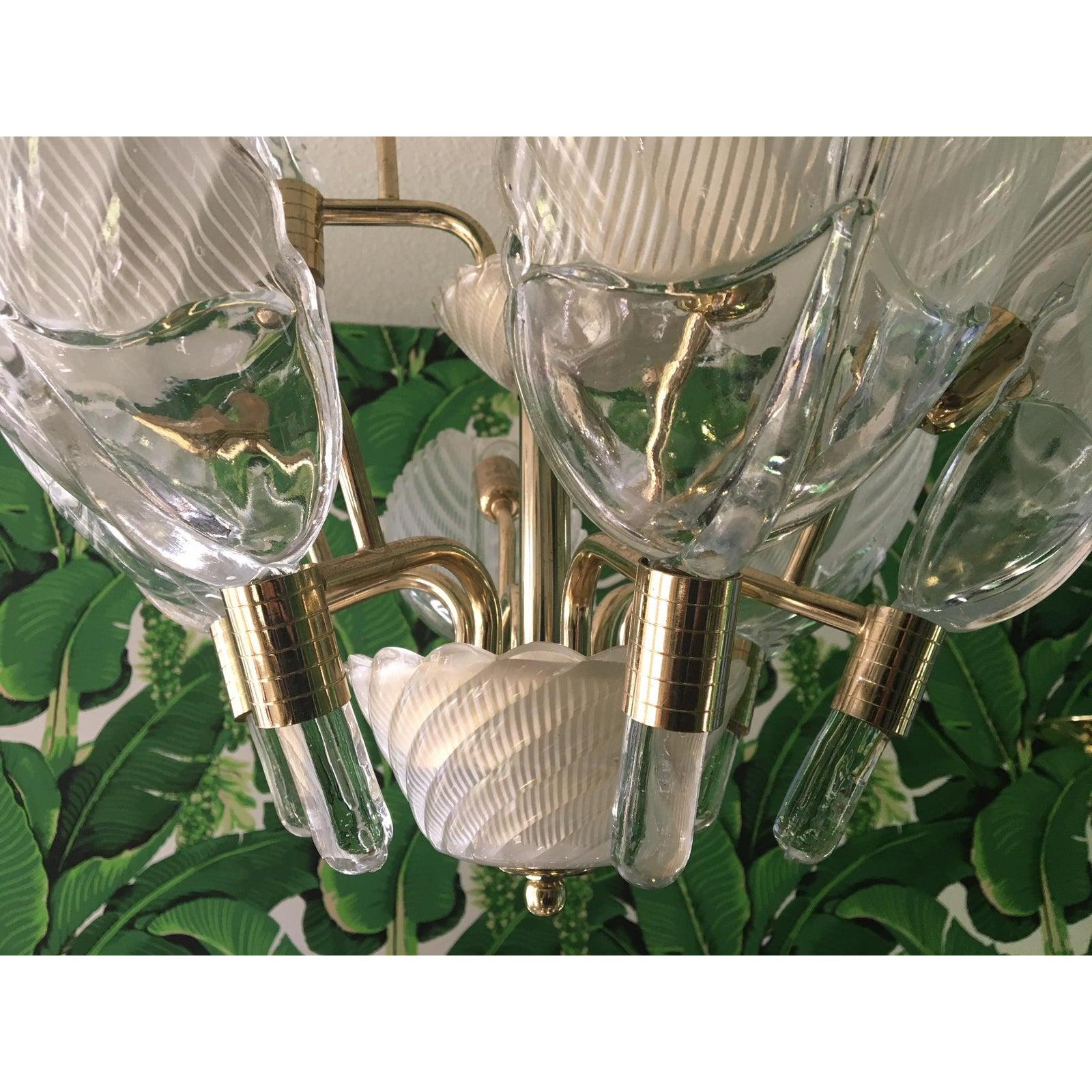 Murano Glass Palm Leaf Brass Chandelier In Good Condition In Jacksonville, FL