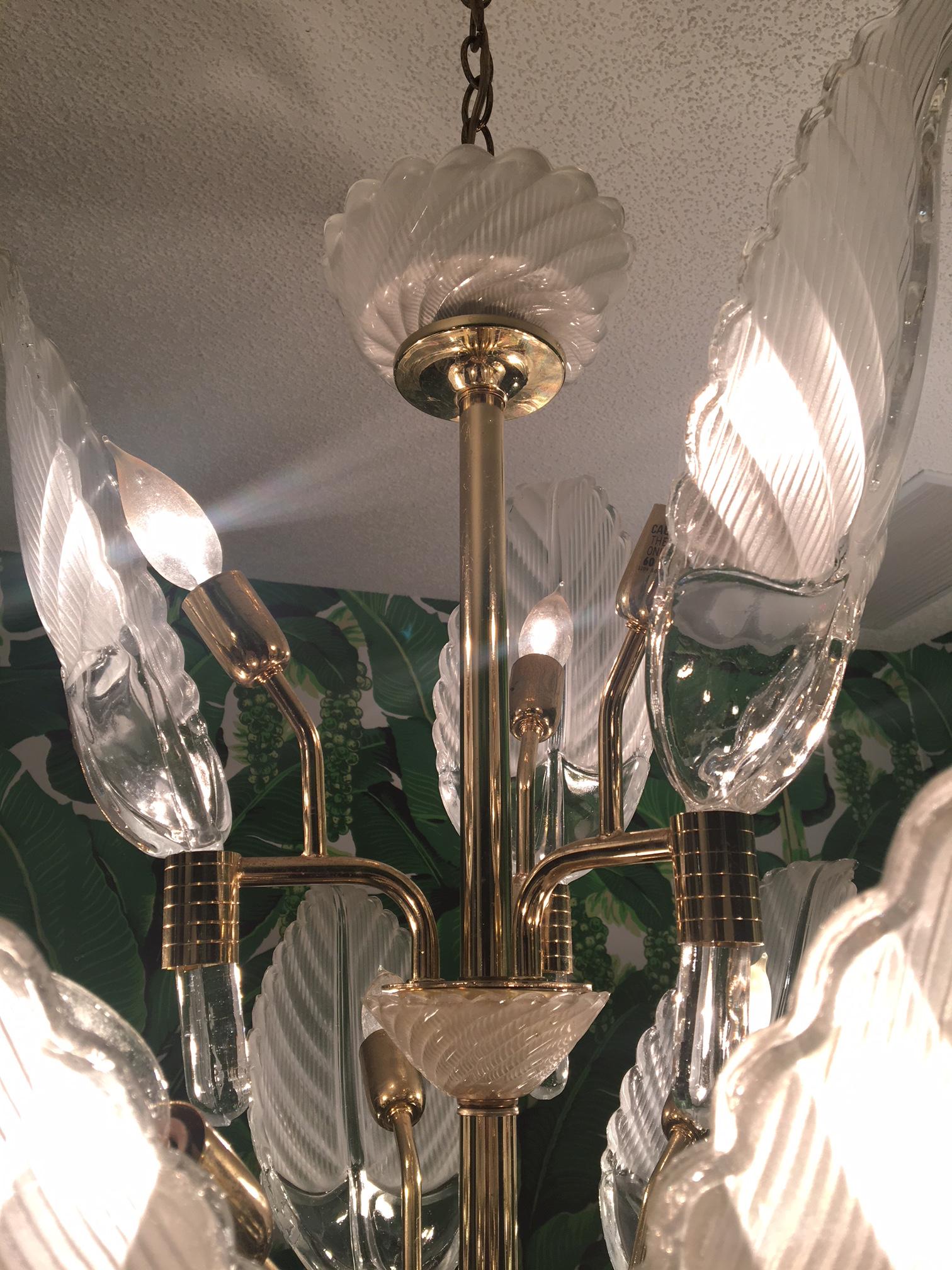 Murano Glass Palm Leaf Brass Chandelier In Good Condition In Jacksonville, FL