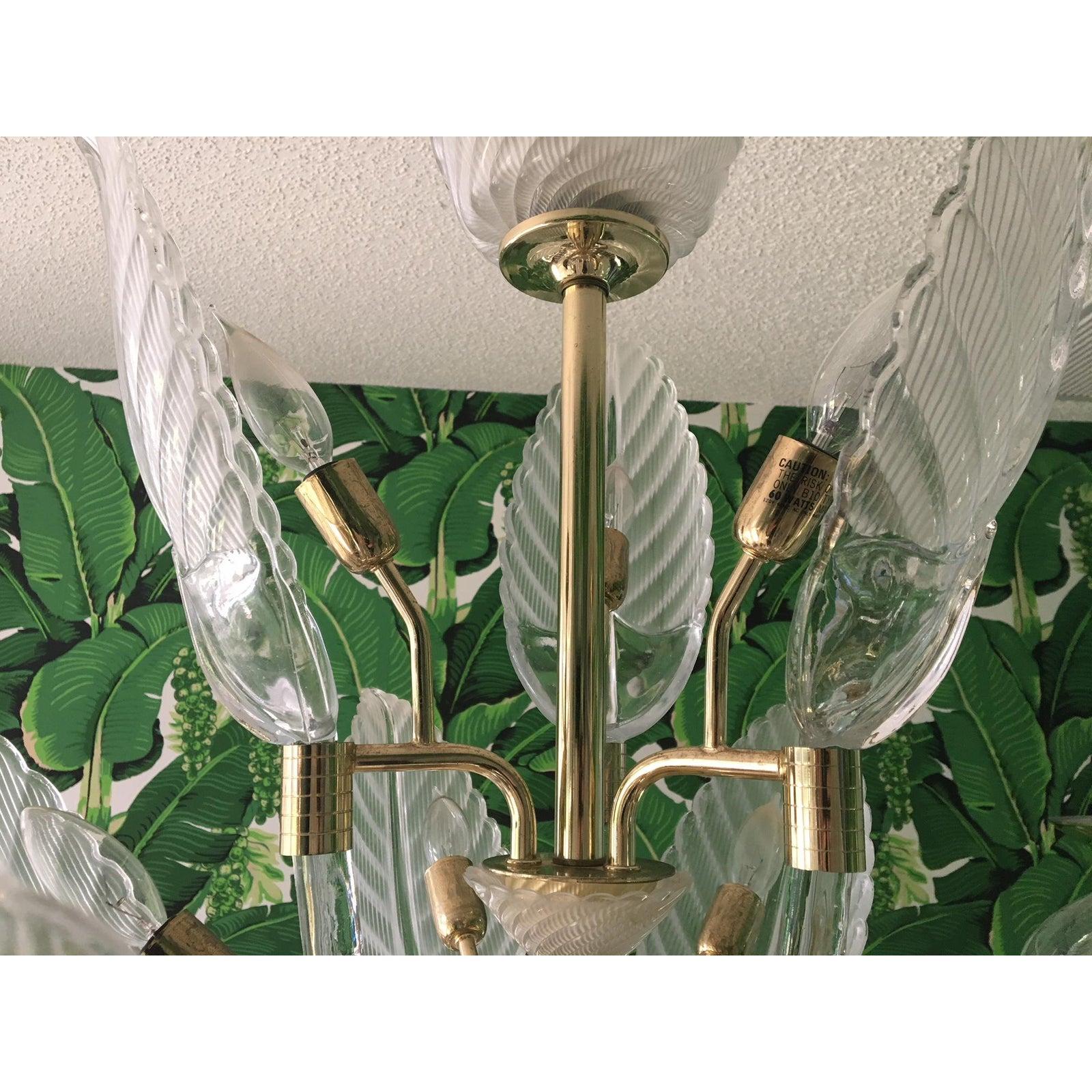 Late 20th Century Murano Glass Palm Leaf Brass Chandelier