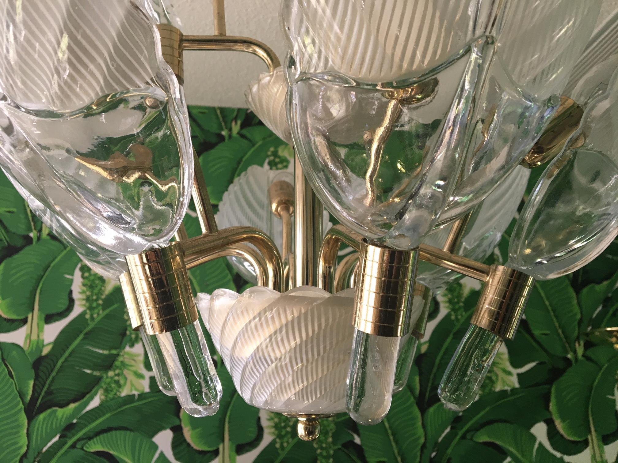 Murano Glass Palm Leaf Brass Chandelier In Good Condition In Jacksonville, FL