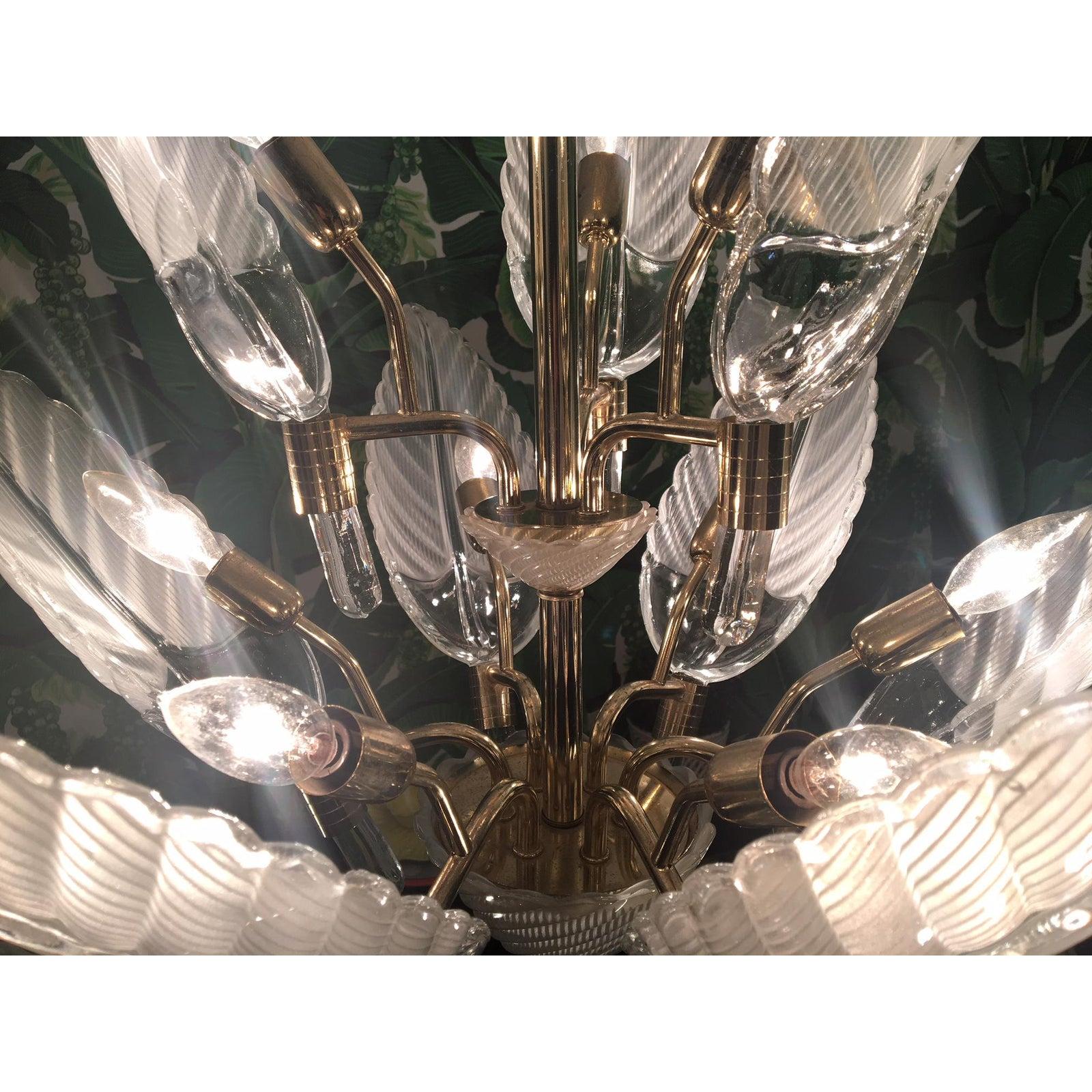 Murano Glass Palm Leaf Brass Chandelier 1