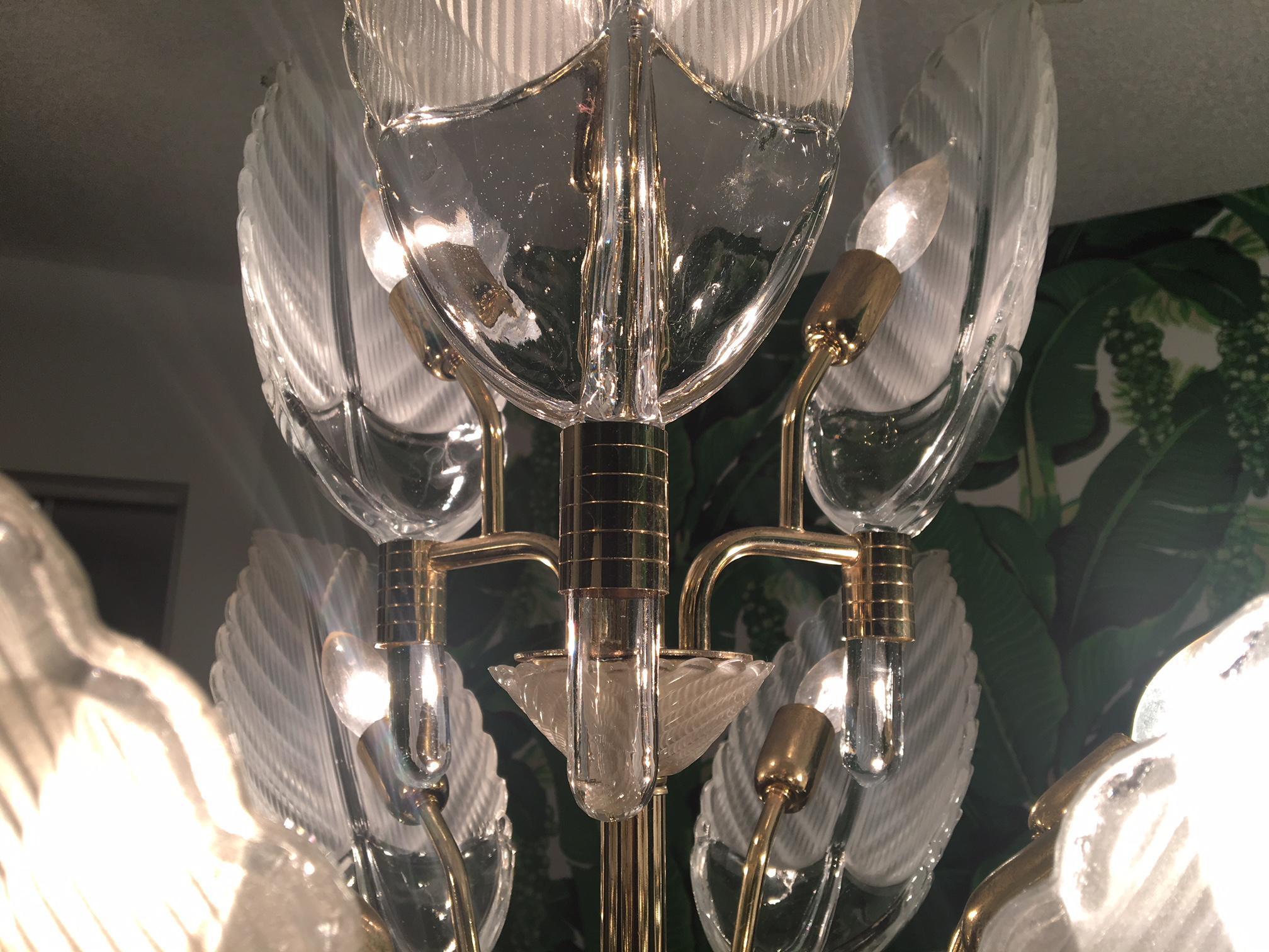 Metal Murano Glass Palm Leaf Brass Chandelier