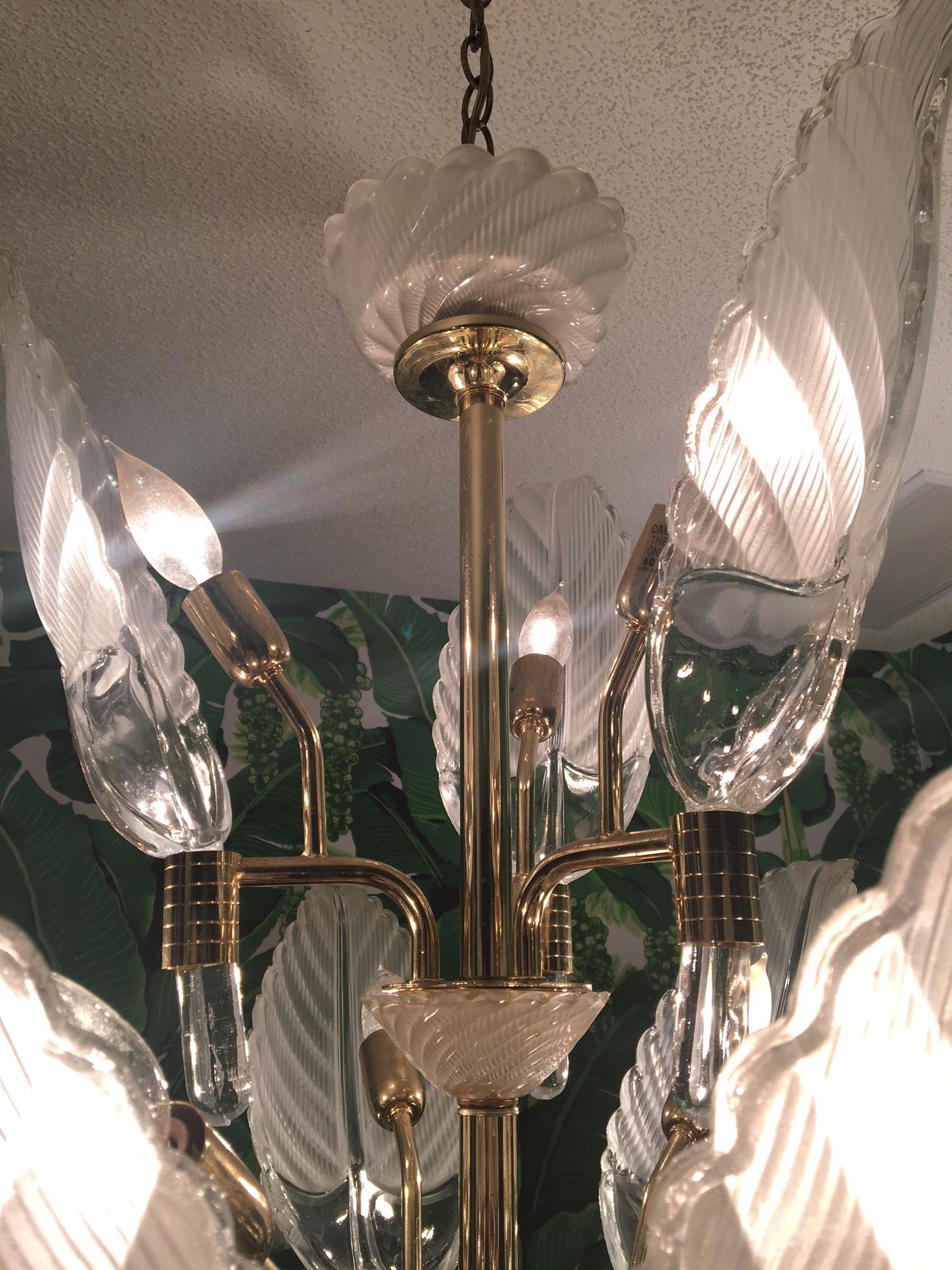 Late 20th Century Murano Glass Palm Leaf Brass Chandelier