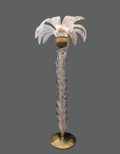 Murano Glass Palm Tree Floor Lamp, Clear Glass Leaves and Brass Fittings, 1940s