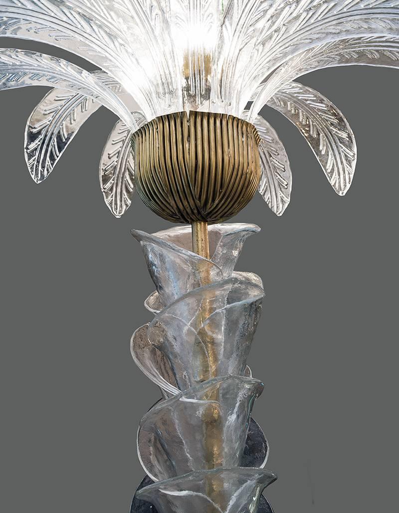Mid-Century Modern Murano Glass Palm Tree Floor Lamp, Clear Glass Leaves Brass Fittings, 1970s