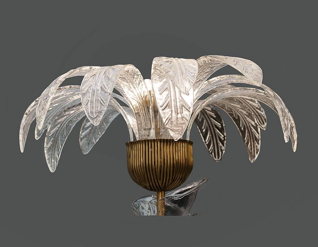 Italian Murano Glass Palm Tree Floor Lamp, Clear Glass Leaves Brass Fittings, 1970s