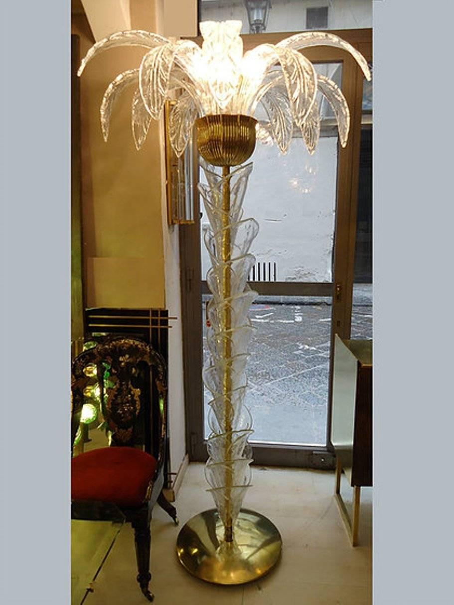 Murano Glass Palm Tree Floor Lamp, Clear Glass Leaves Brass Fittings, 1970s 1