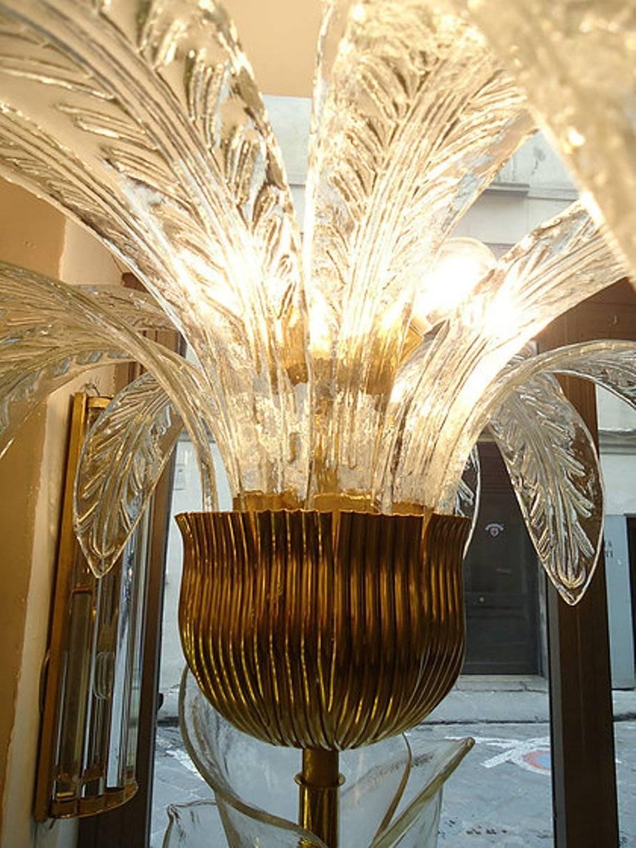 Murano Glass Palm Tree Floor Lamp, Clear Glass Leaves Brass Fittings, 1970s 2